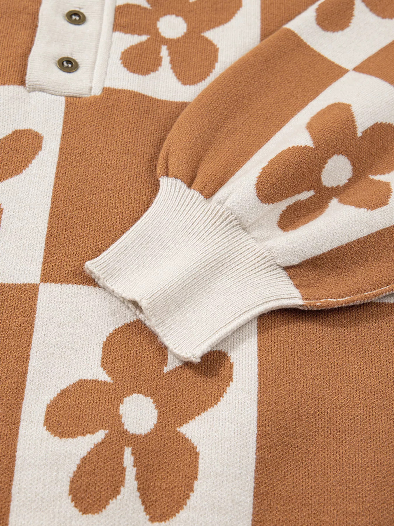 Flower Plaid Henley Baggy Sweater - Image 8