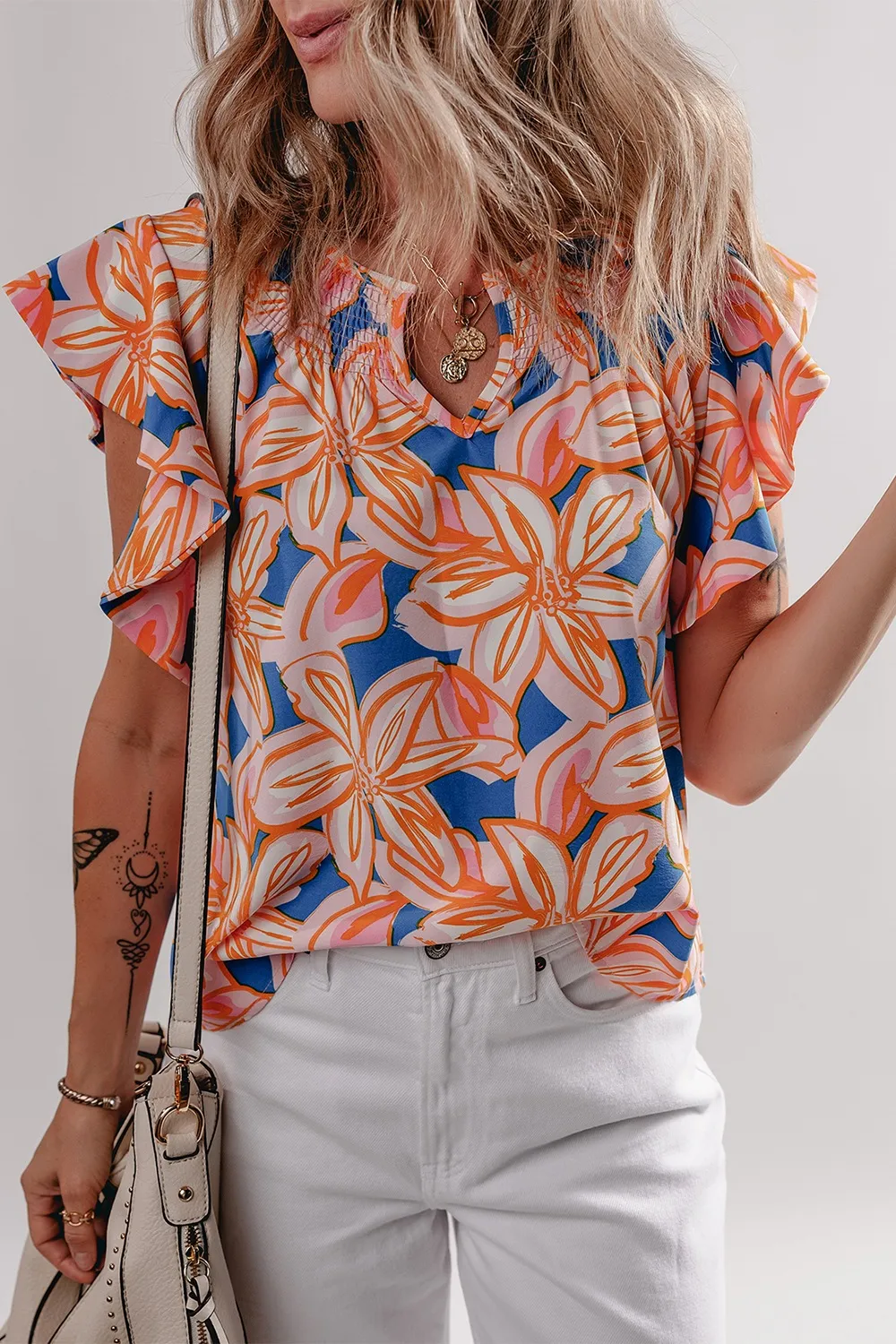 Flower Print Notched Neck Ruffle Sleeve Blouse - Image 3