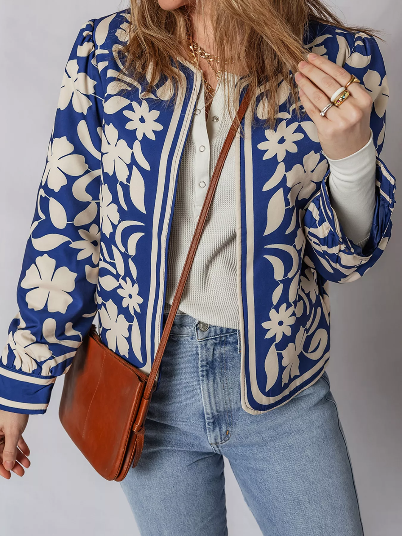 Flower Print Open Front Buttoned Cuffs Elegant Jacket - Image 4