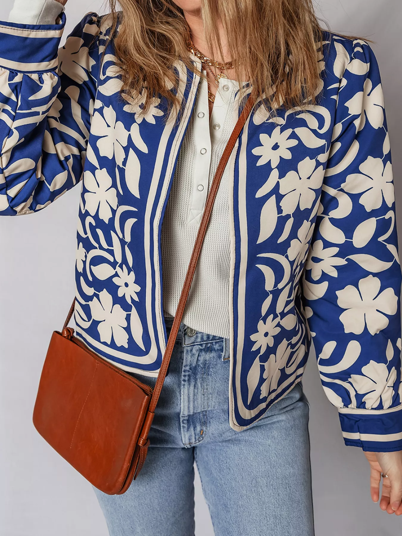 Flower Print Open Front Buttoned Cuffs Elegant Jacket - Image 5