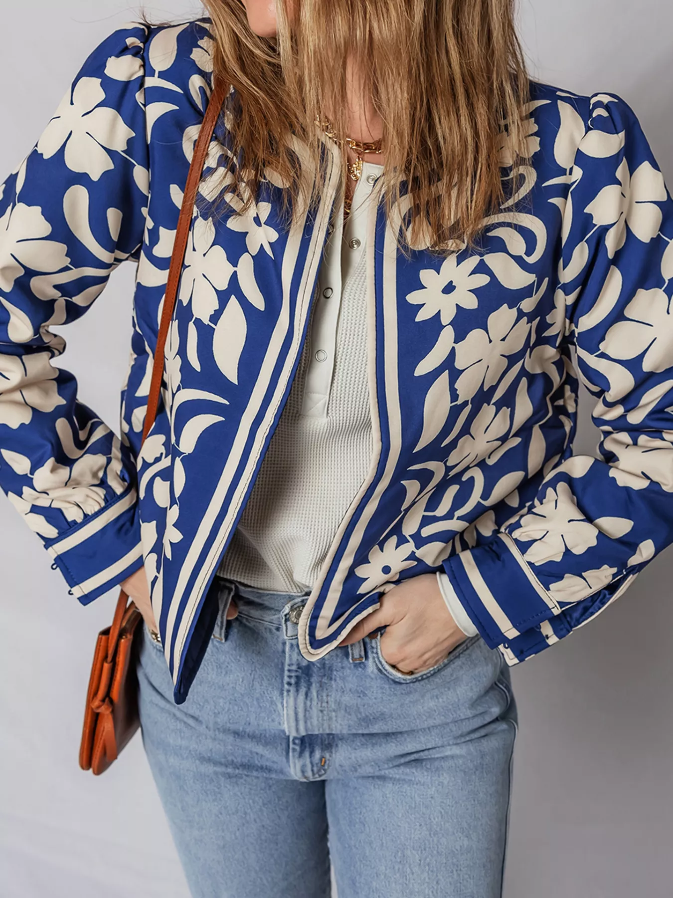 Flower Print Open Front Buttoned Cuffs Elegant Jacket - Image 7