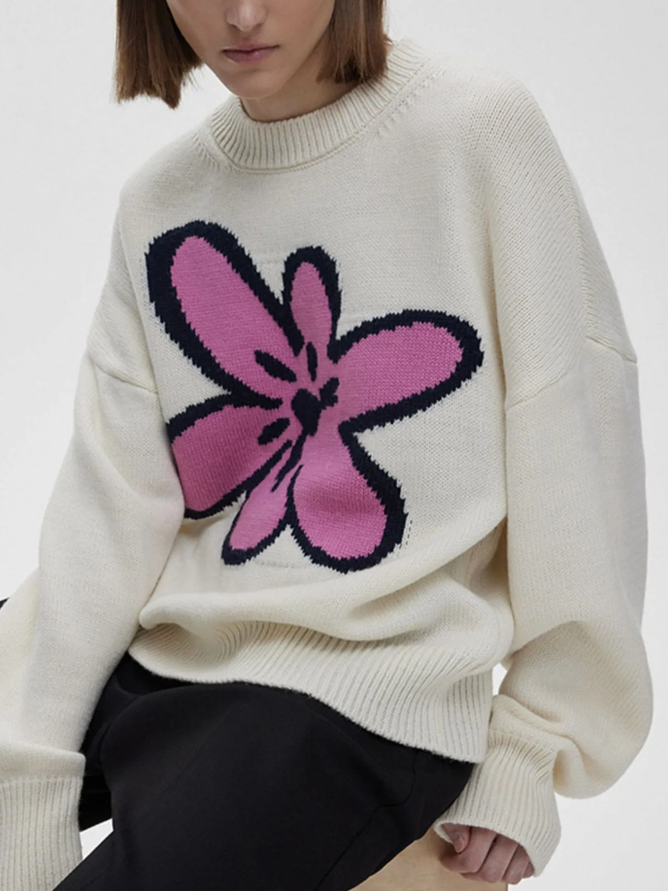Flower Ribbed Hem Round Neck Sweater - Image 2