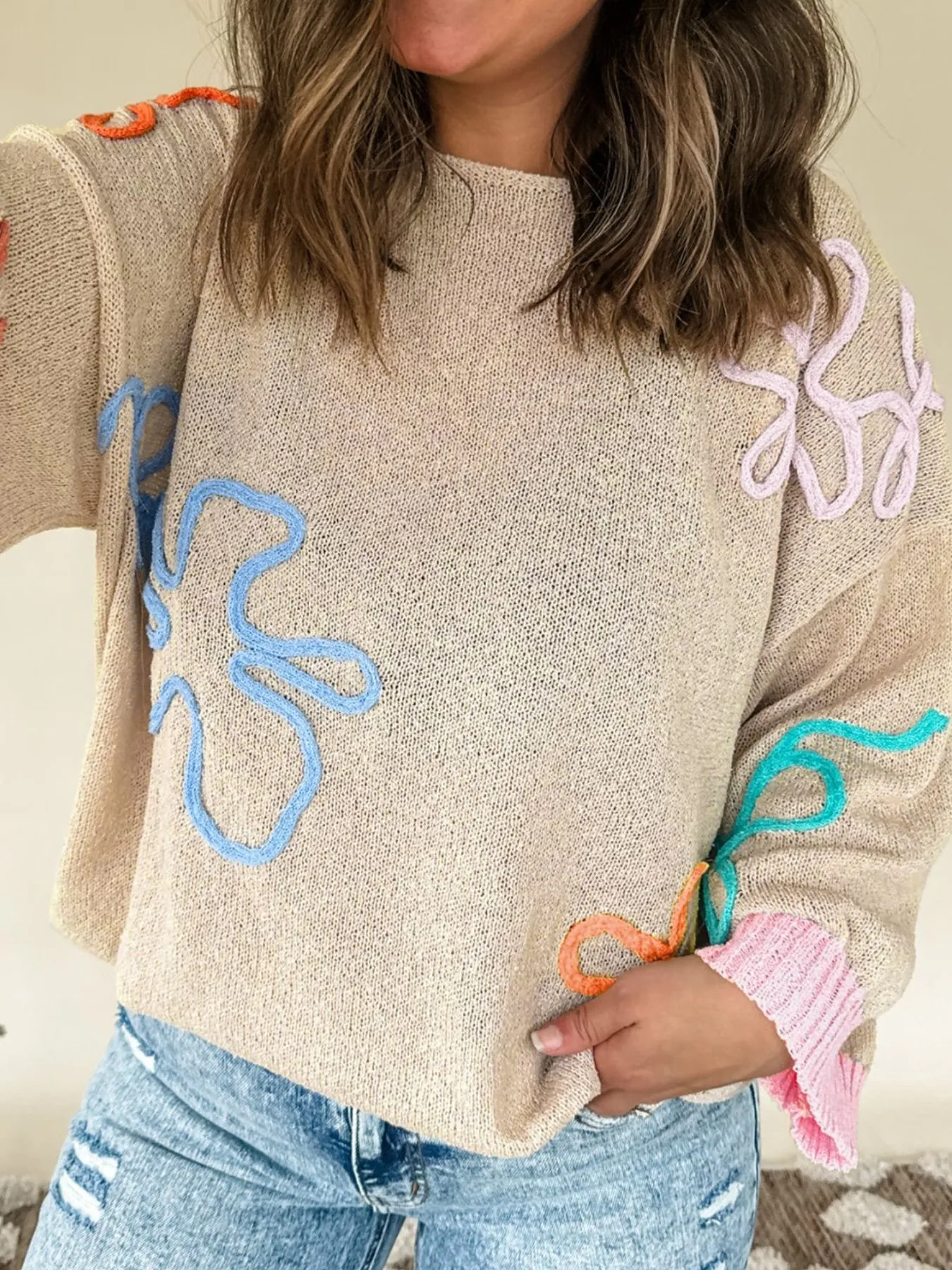 Flower Round Neck Drop Shoulder Sweater - Image 3