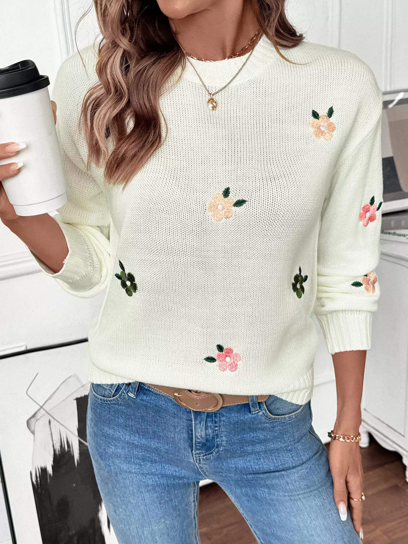 Flower Round Neck Long Sleeve Sweater - Image 2