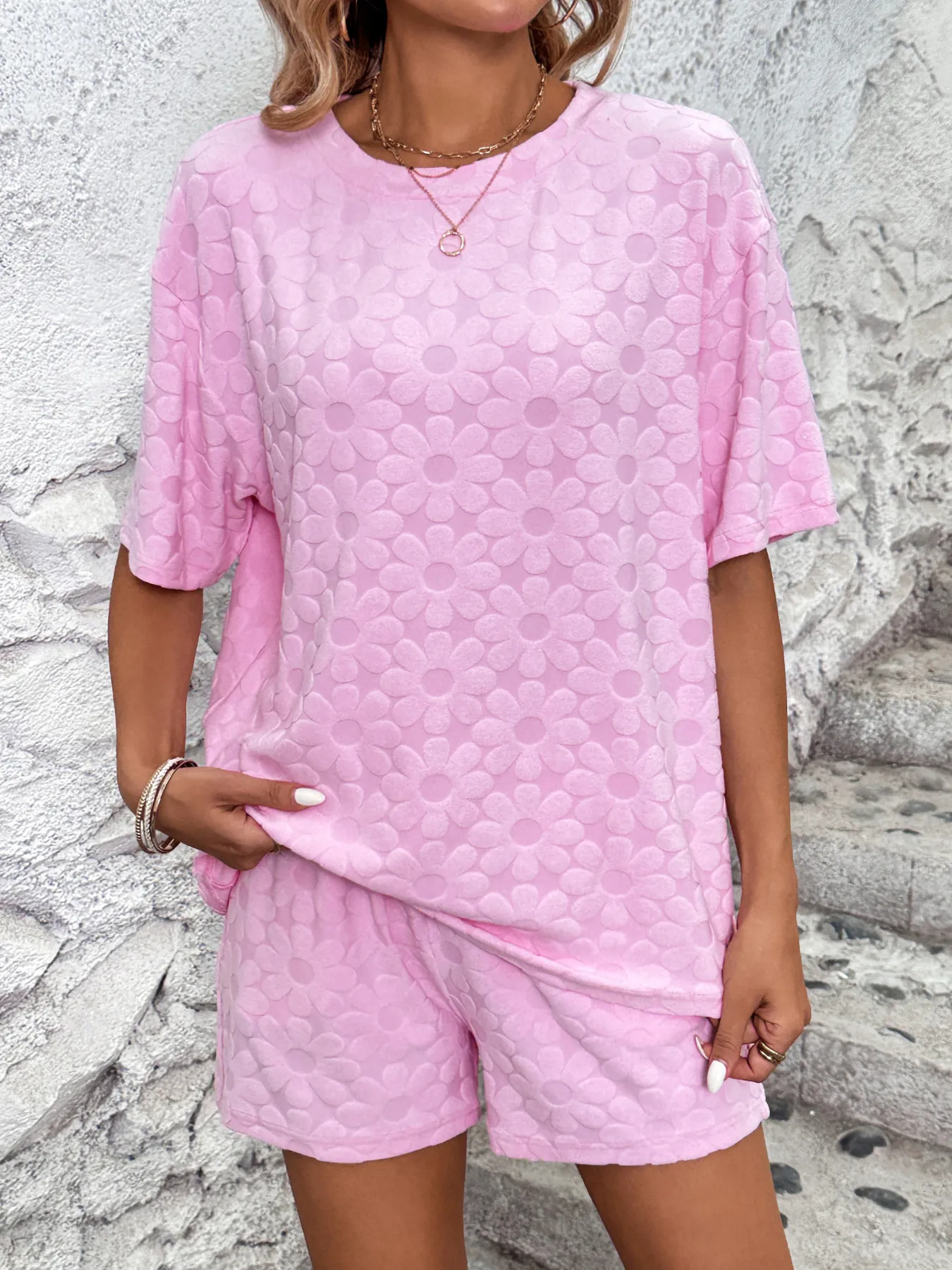 Flower Round Neck Top and Shorts Lounge Set - Image 4