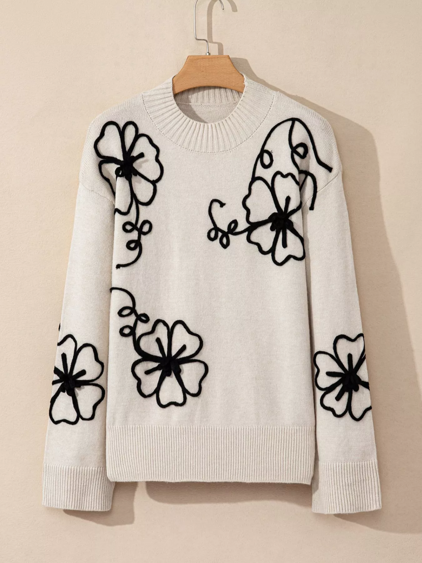 Flower Stitching Mock Neck Sweater - Image 4