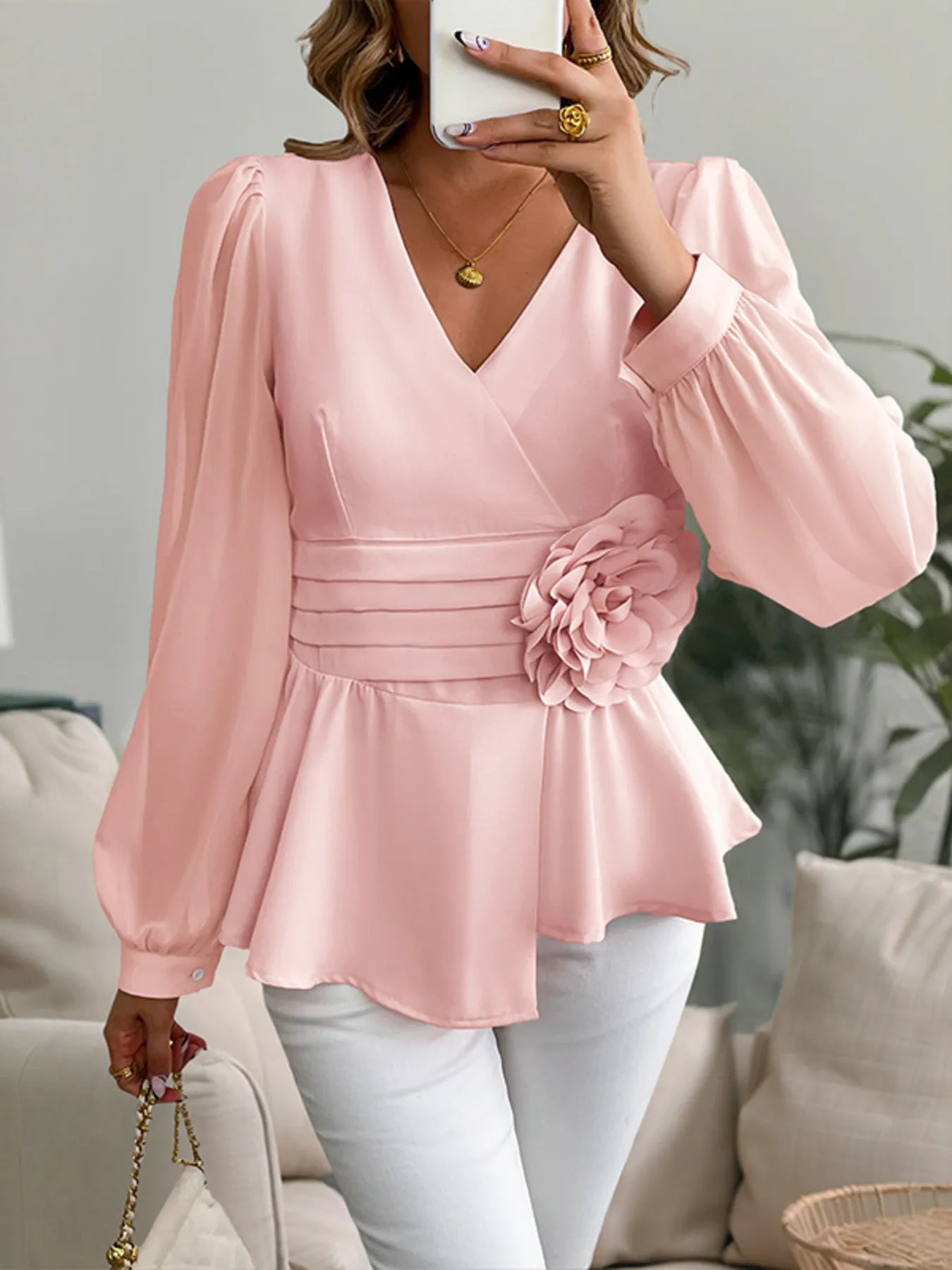 Flower Surplice Long Sleeve Blouse - Image 3