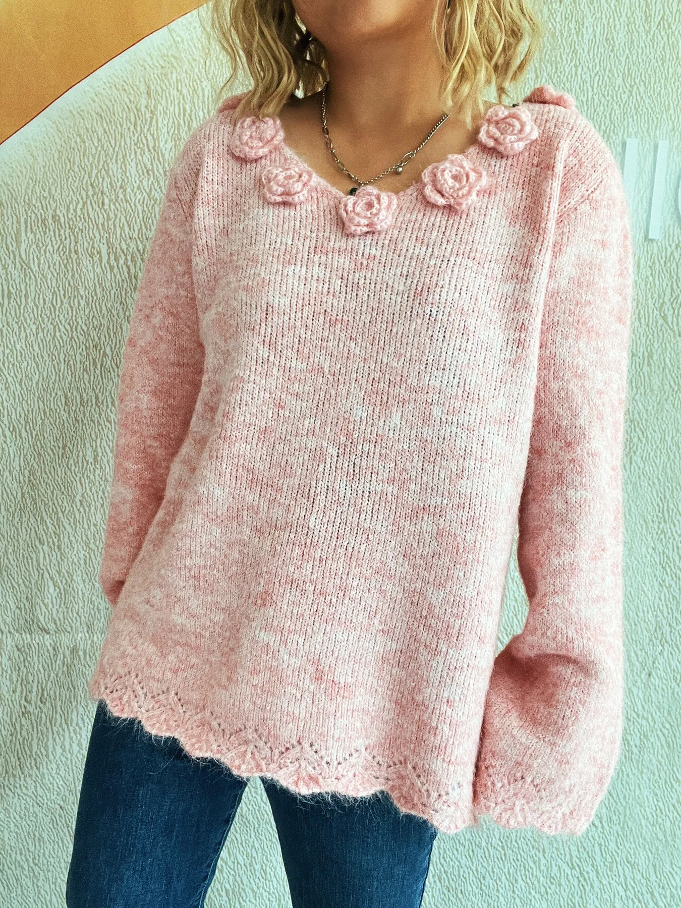 Flower V-Neck Long Sleeve Sweater - Image 17
