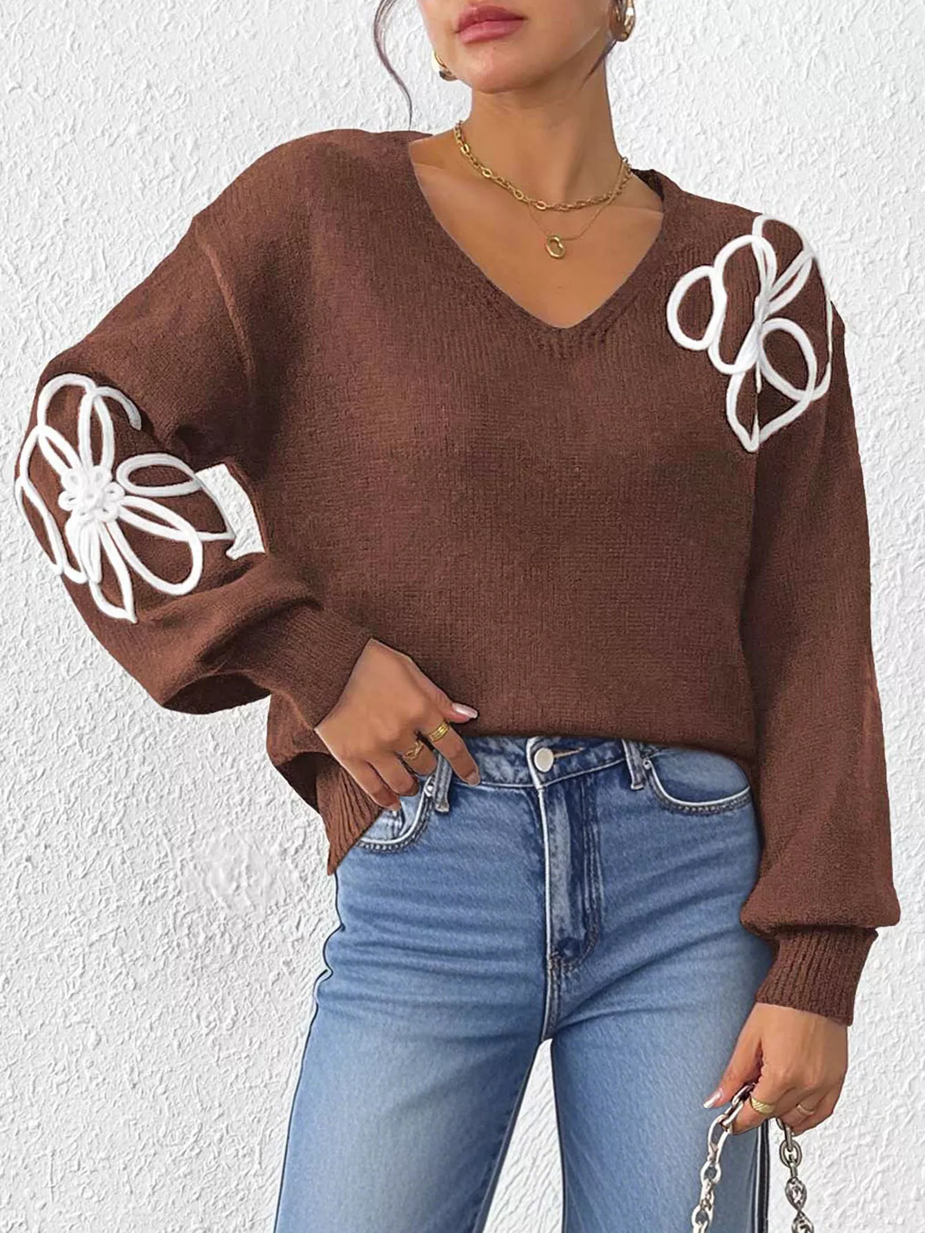Flower V-Neck Long Sleeve Sweater - Image 10