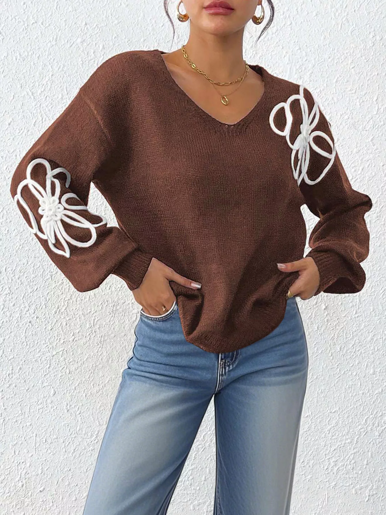 Flower V-Neck Long Sleeve Sweater - Image 11