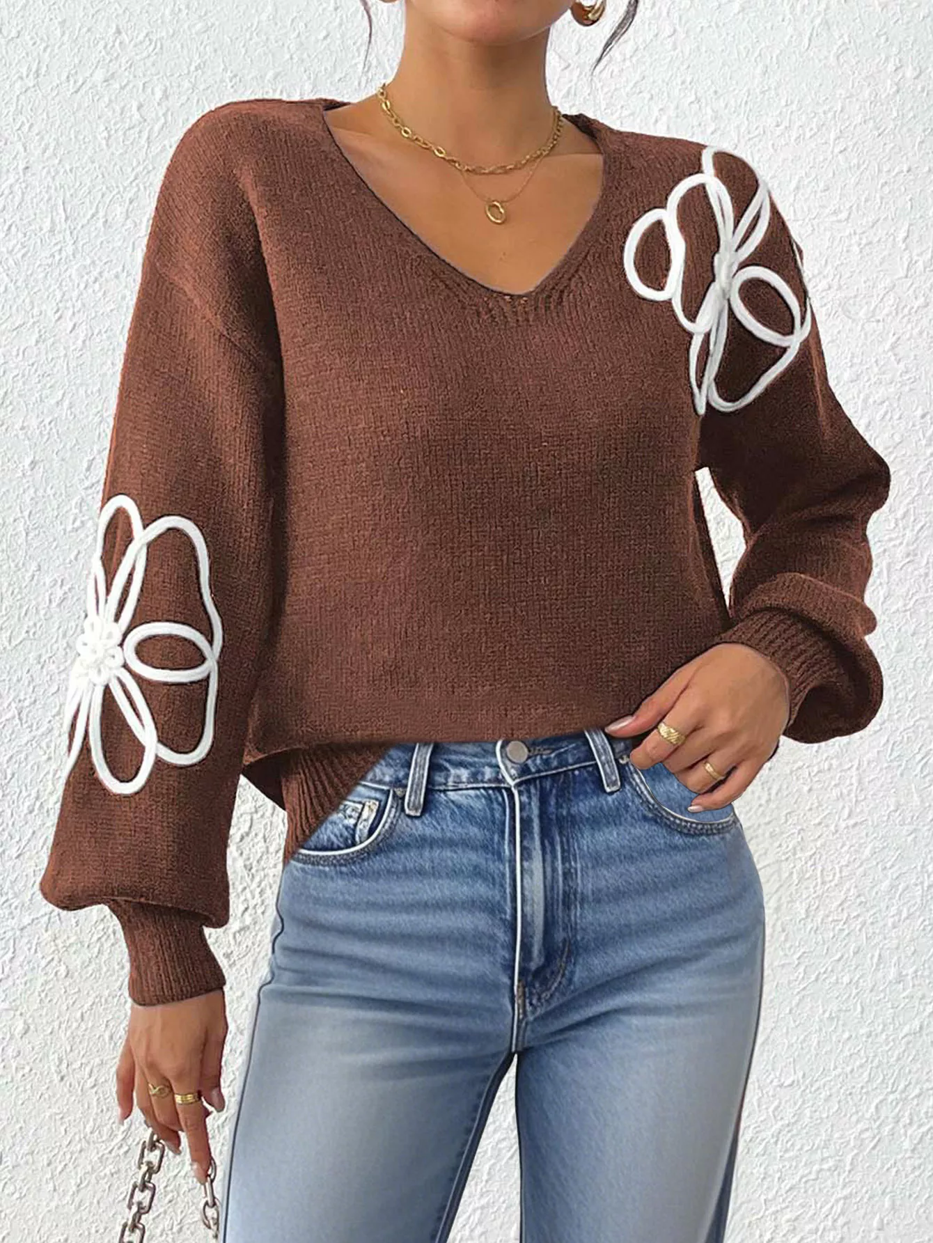 Flower V-Neck Long Sleeve Sweater - Image 13