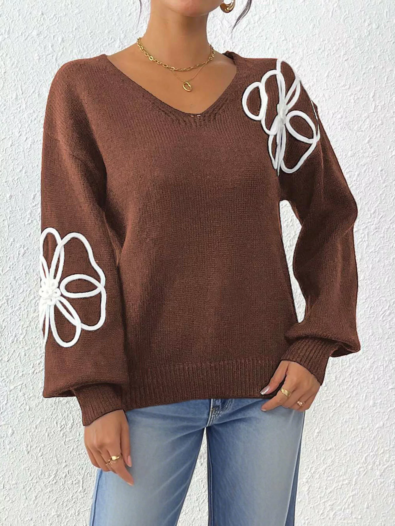 Flower V-Neck Long Sleeve Sweater - Image 14