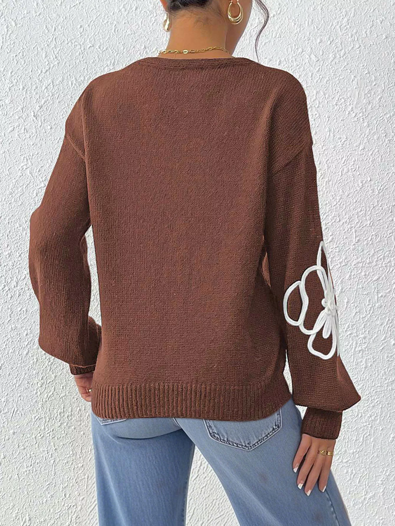 Flower V-Neck Long Sleeve Sweater - Image 15