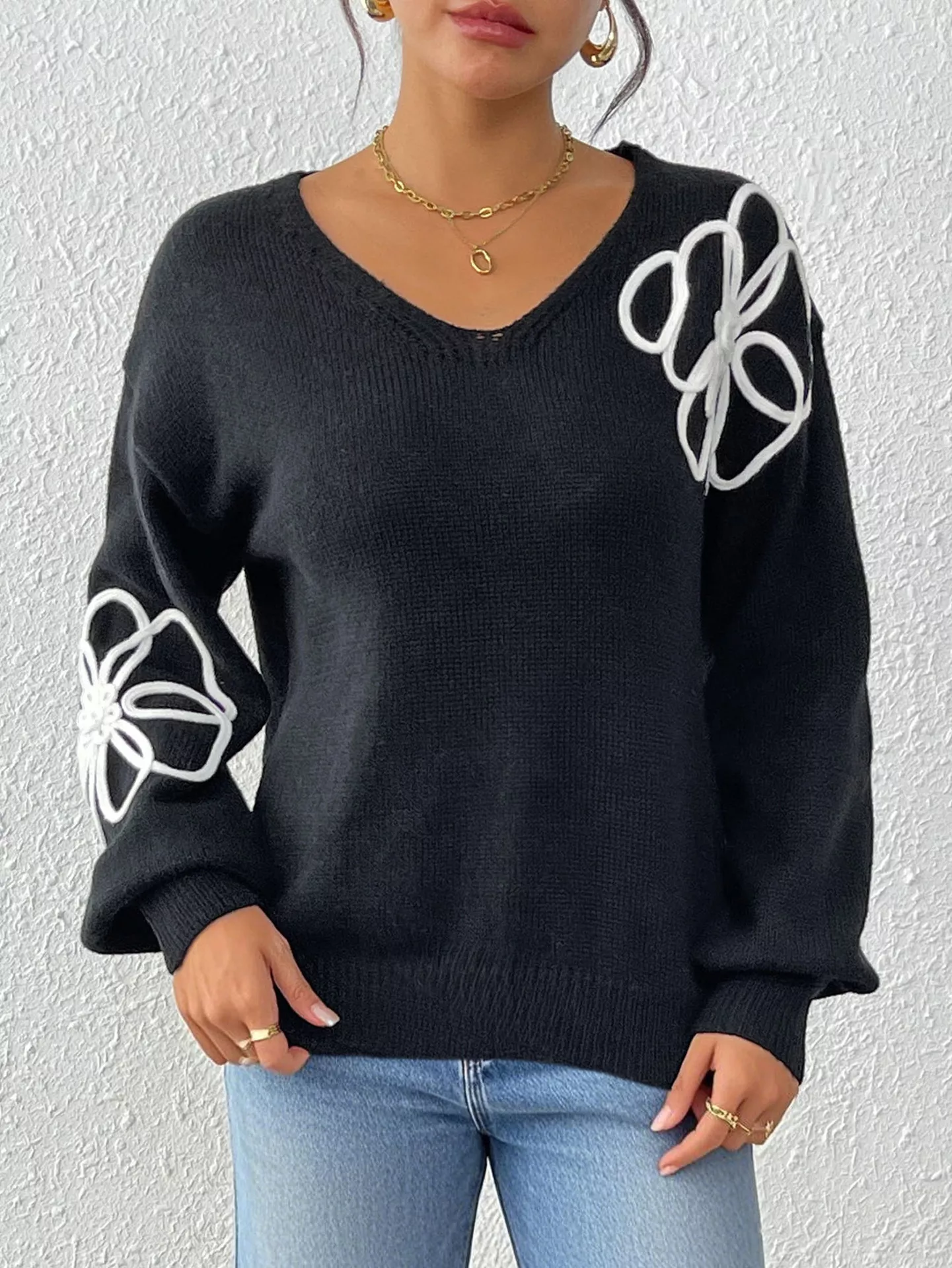 Flower V-Neck Long Sleeve Sweater - Image 2