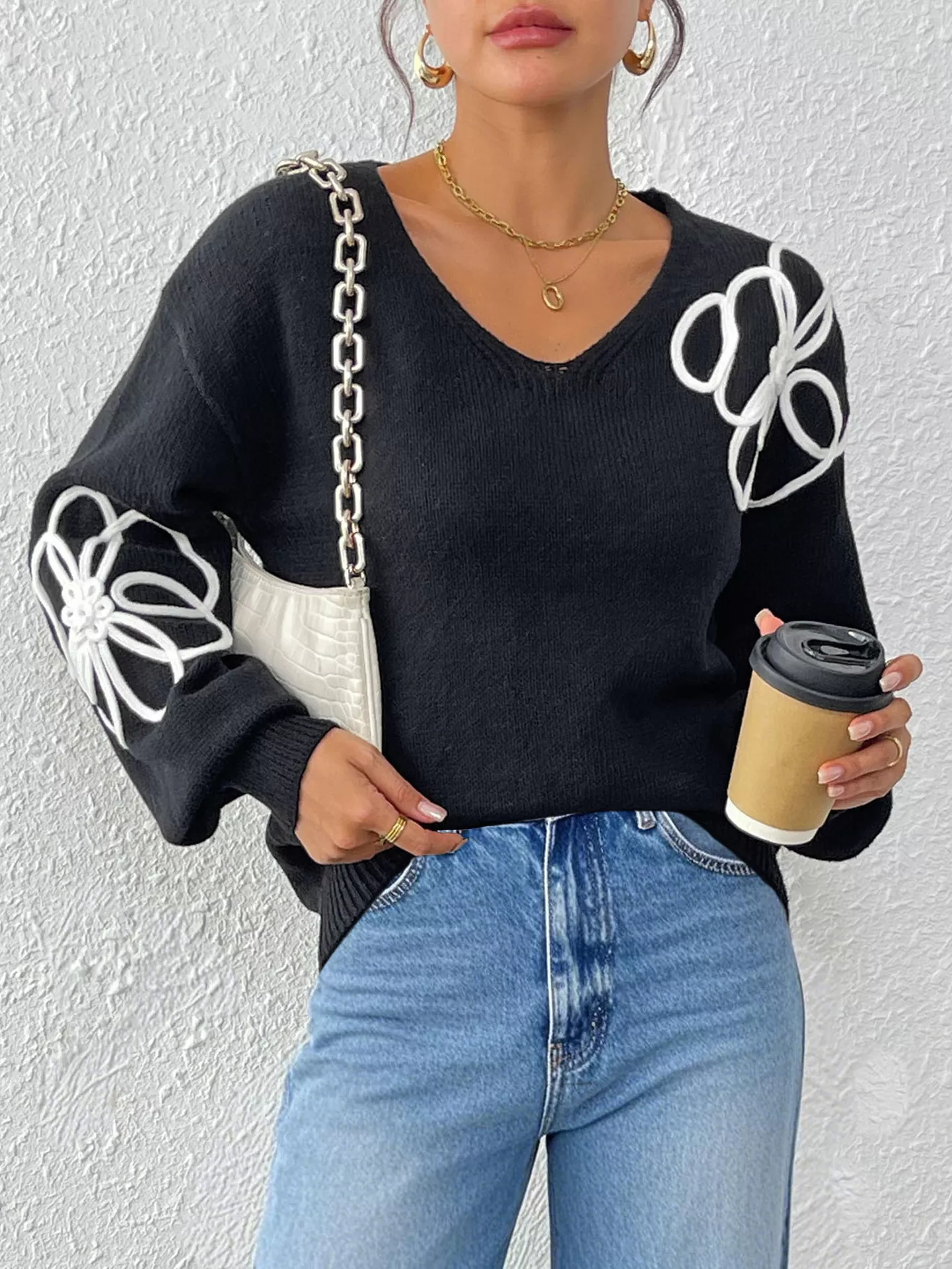 Flower V-Neck Long Sleeve Sweater - Image 5