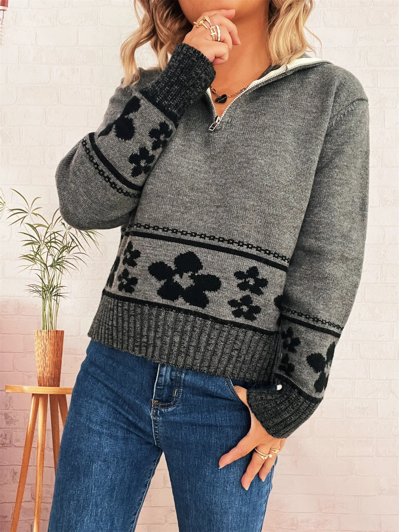Flower Zip Collar Long Sleeve Sweater - Image 10