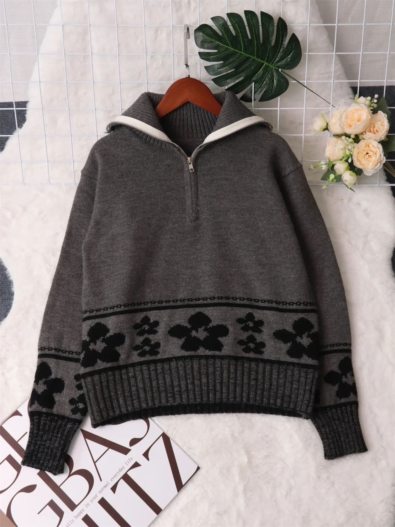 Flower Zip Collar Long Sleeve Sweater - Image 17
