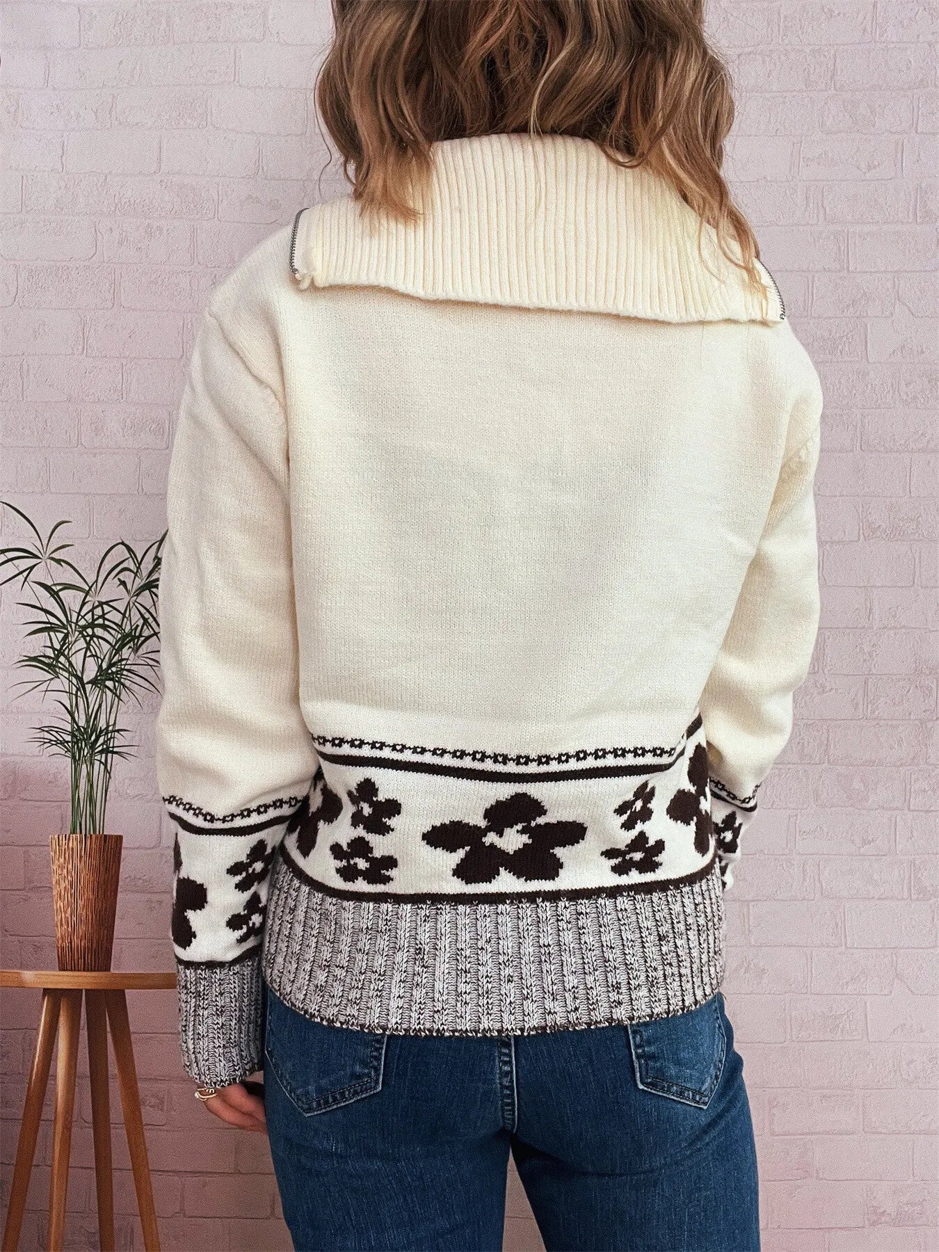 Flower Zip Collar Long Sleeve Sweater - Image 5