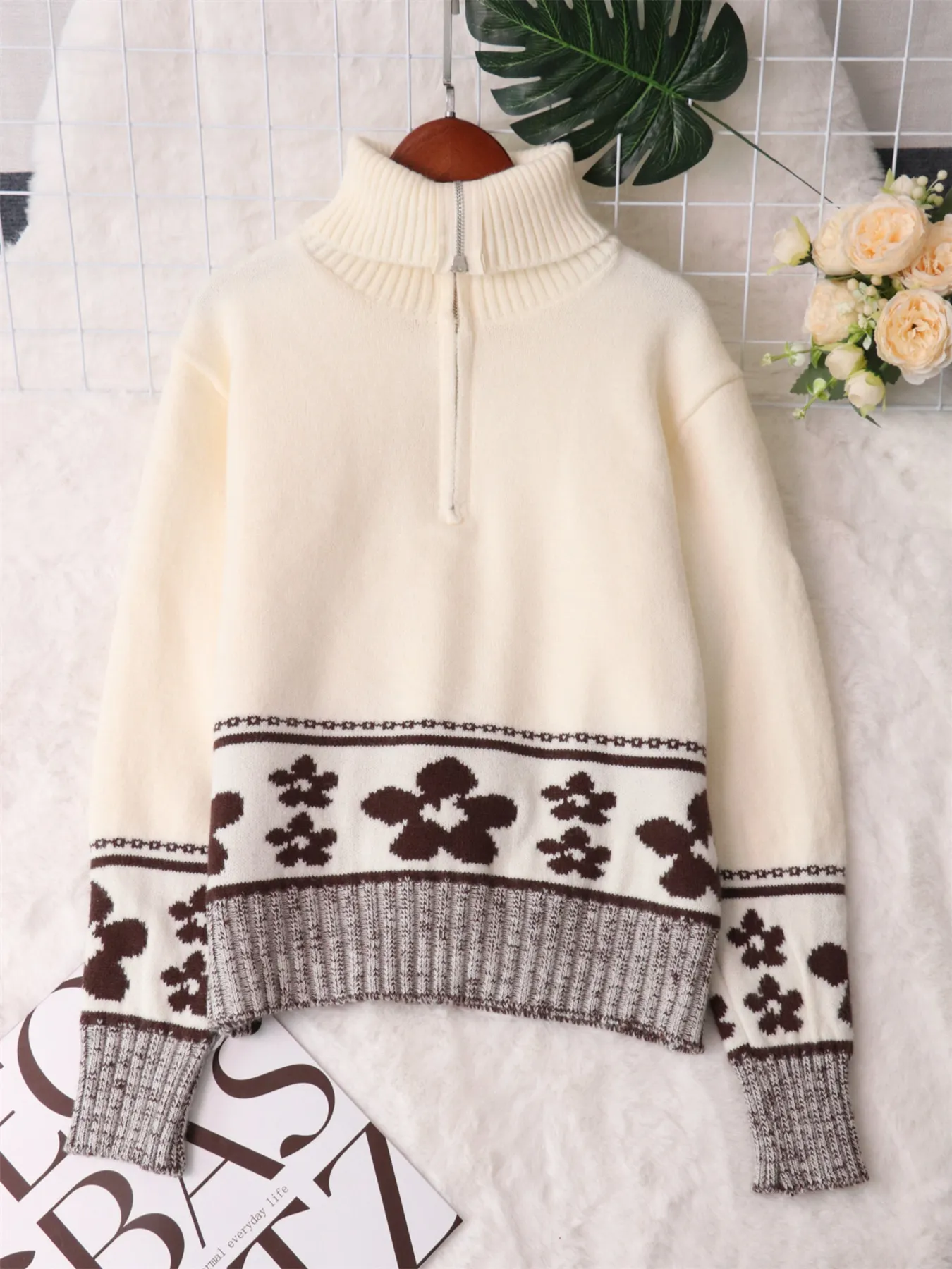Flower Zip Collar Long Sleeve Sweater - Image 6