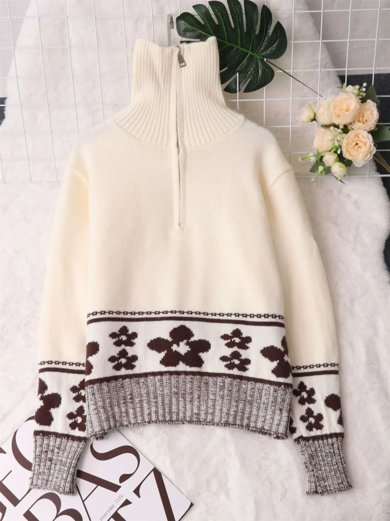 Flower Zip Collar Long Sleeve Sweater - Image 8