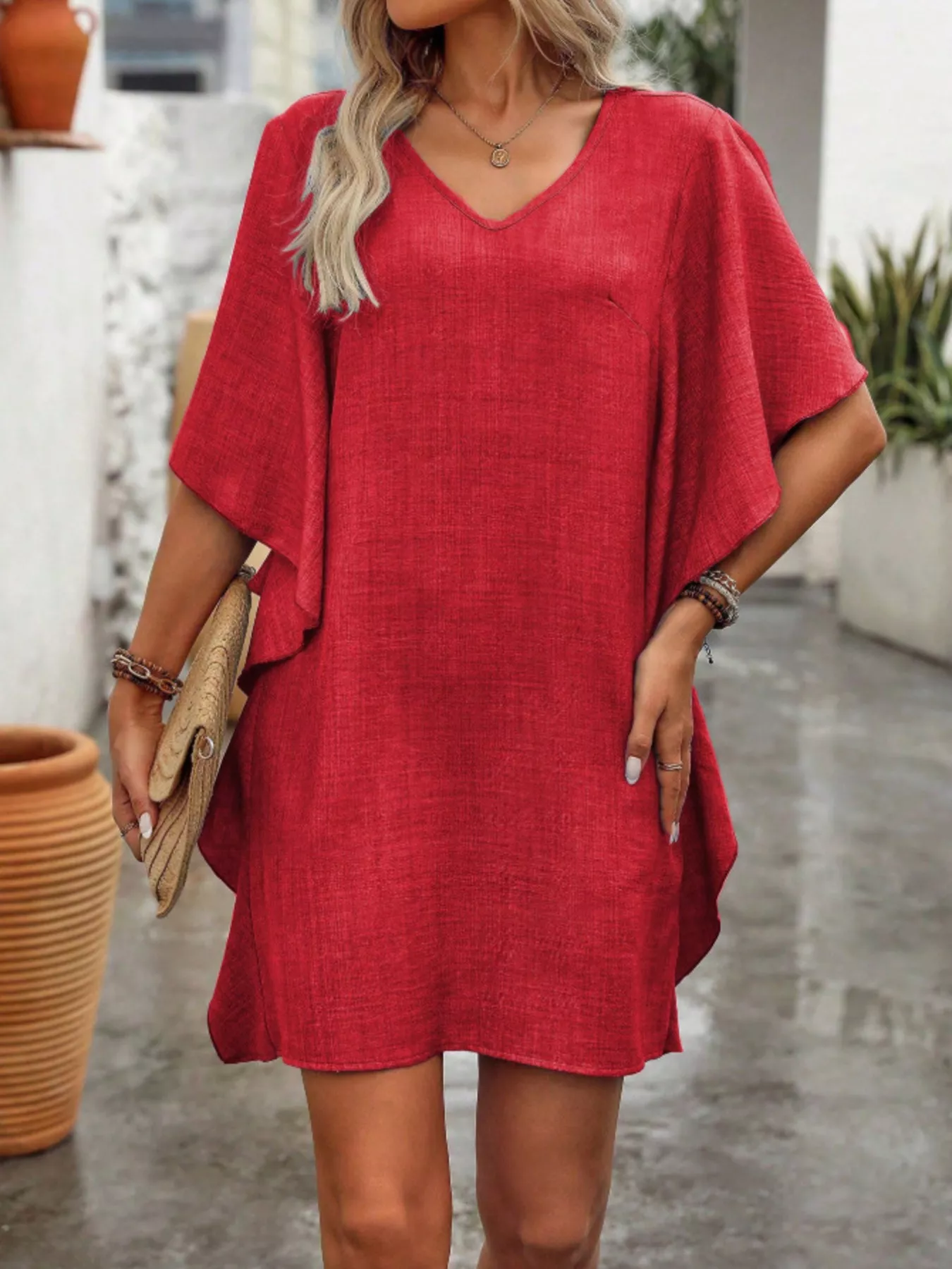 Flowy Sleeve V-Neck Casual Mini Dress - Image 15