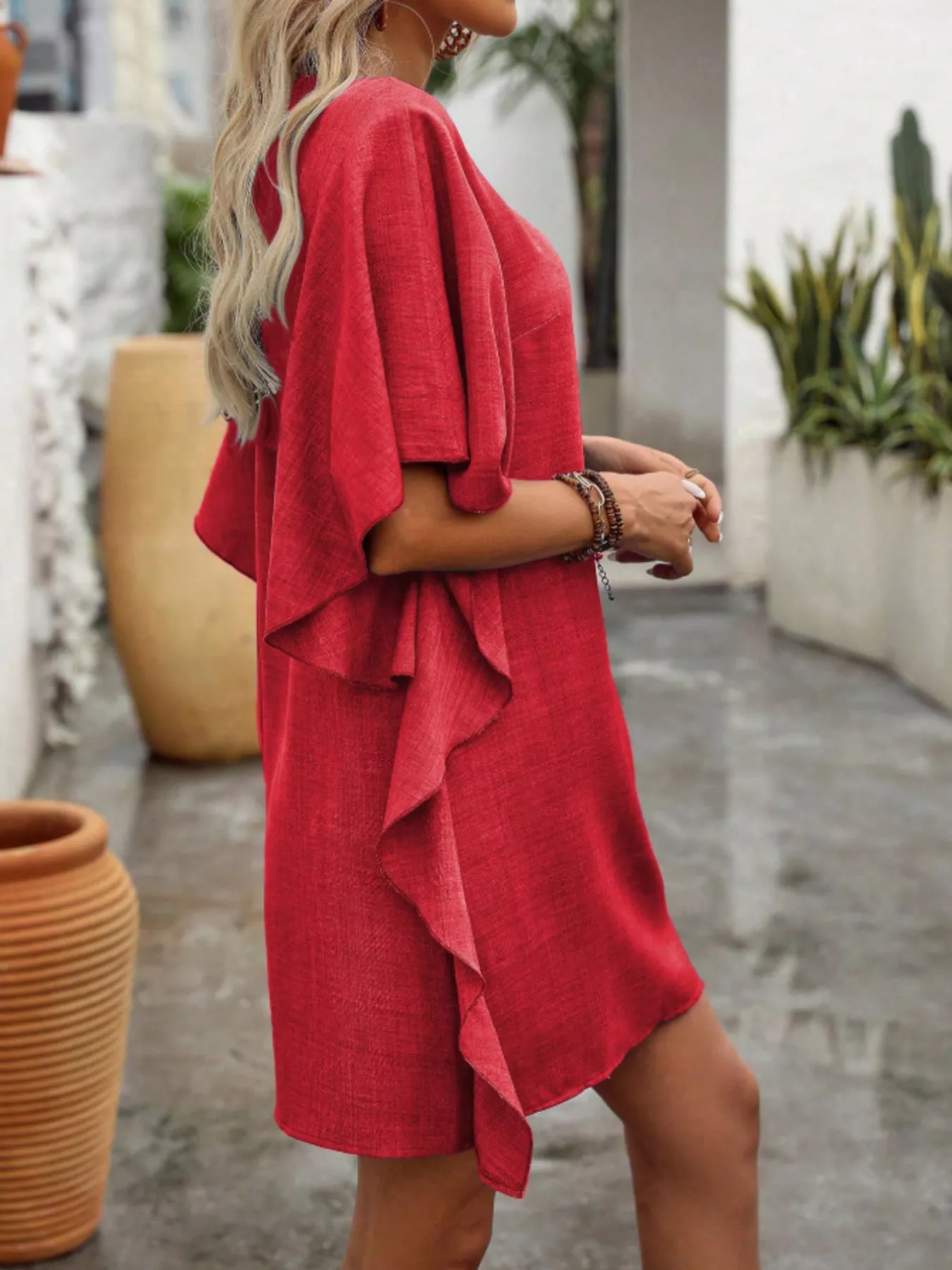 Flowy Sleeve V-Neck Casual Mini Dress - Image 17