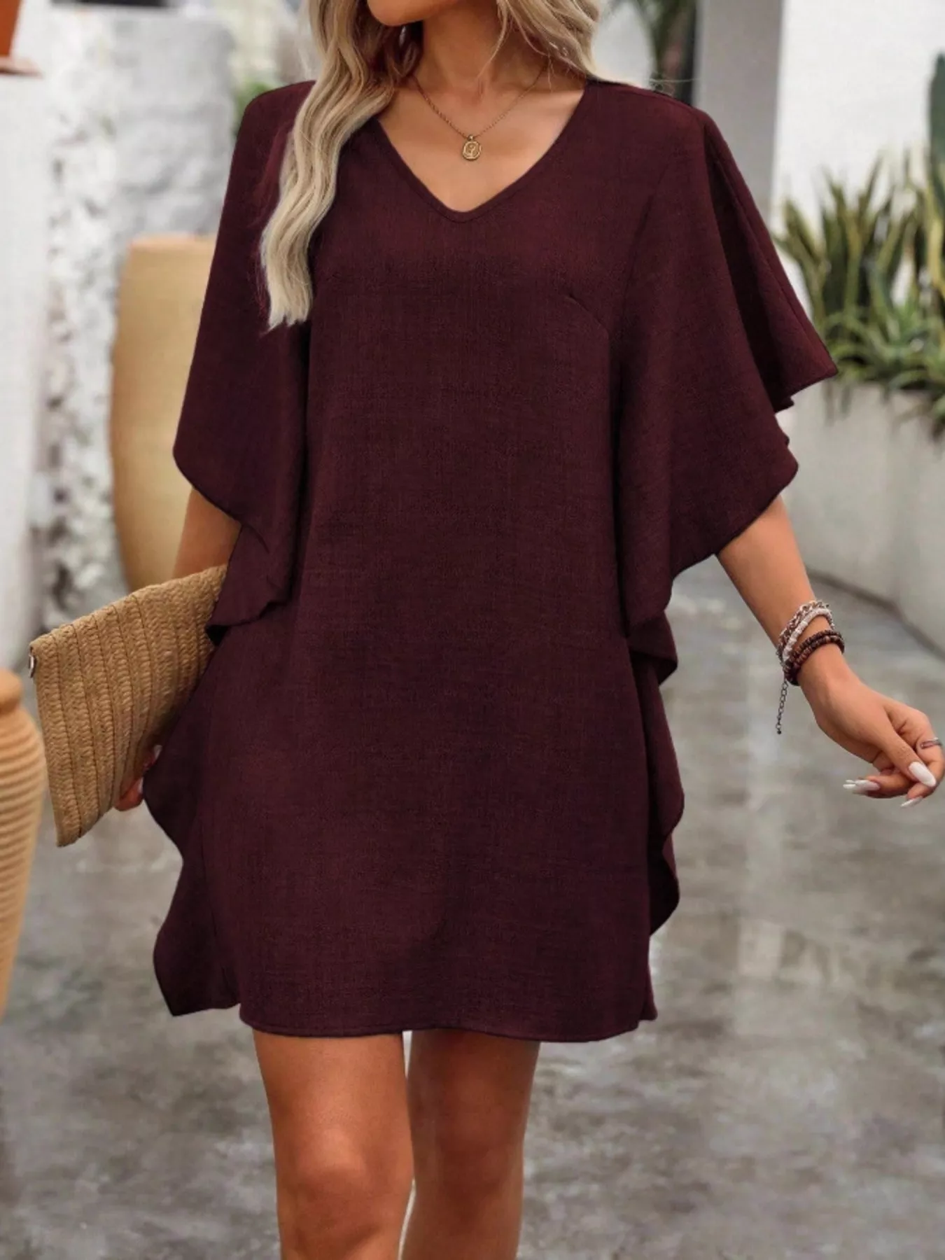 Flowy Sleeve V-Neck Casual Mini Dress - Image 19