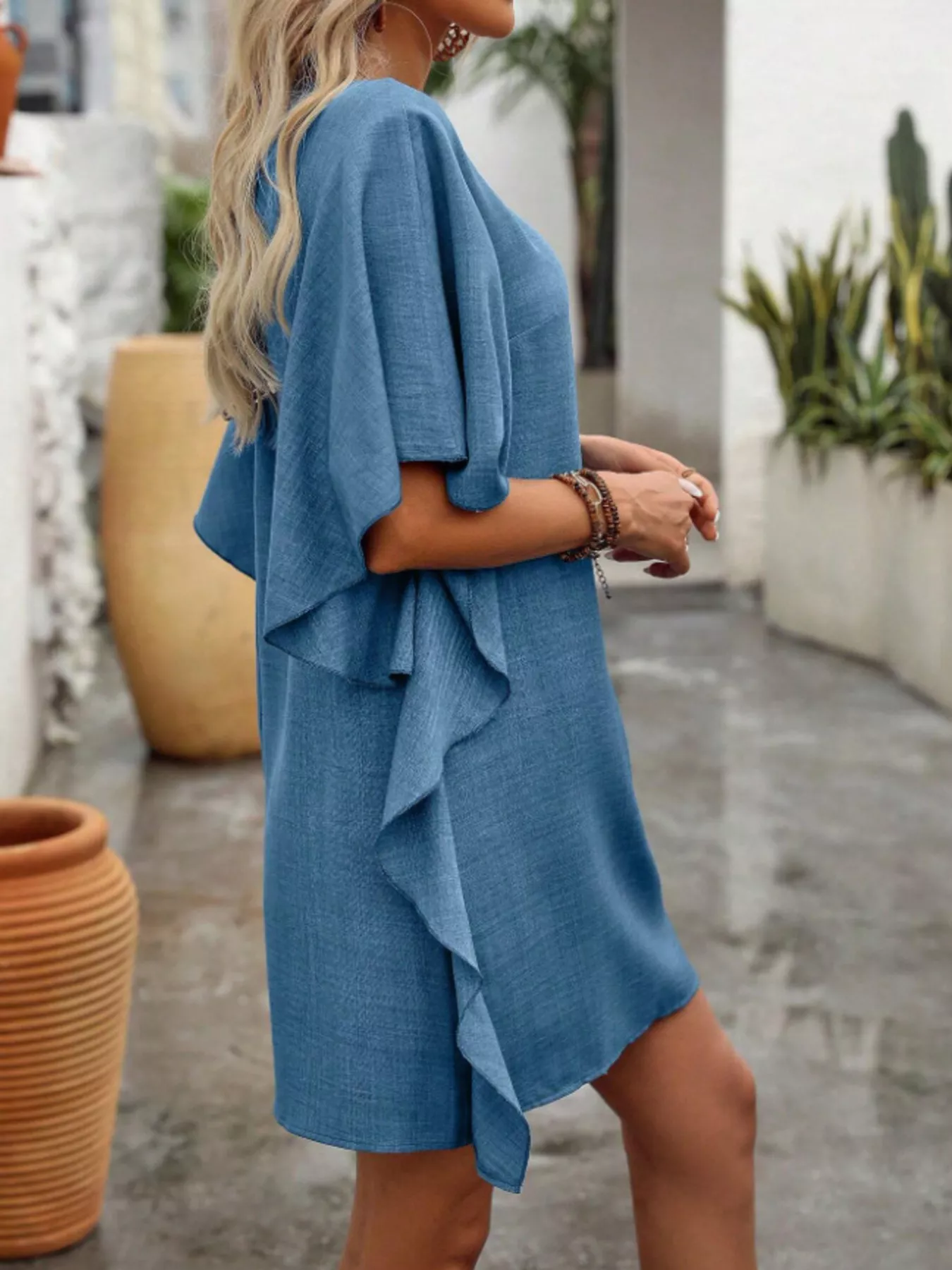 Flowy Sleeve V-Neck Casual Mini Dress - Image 4