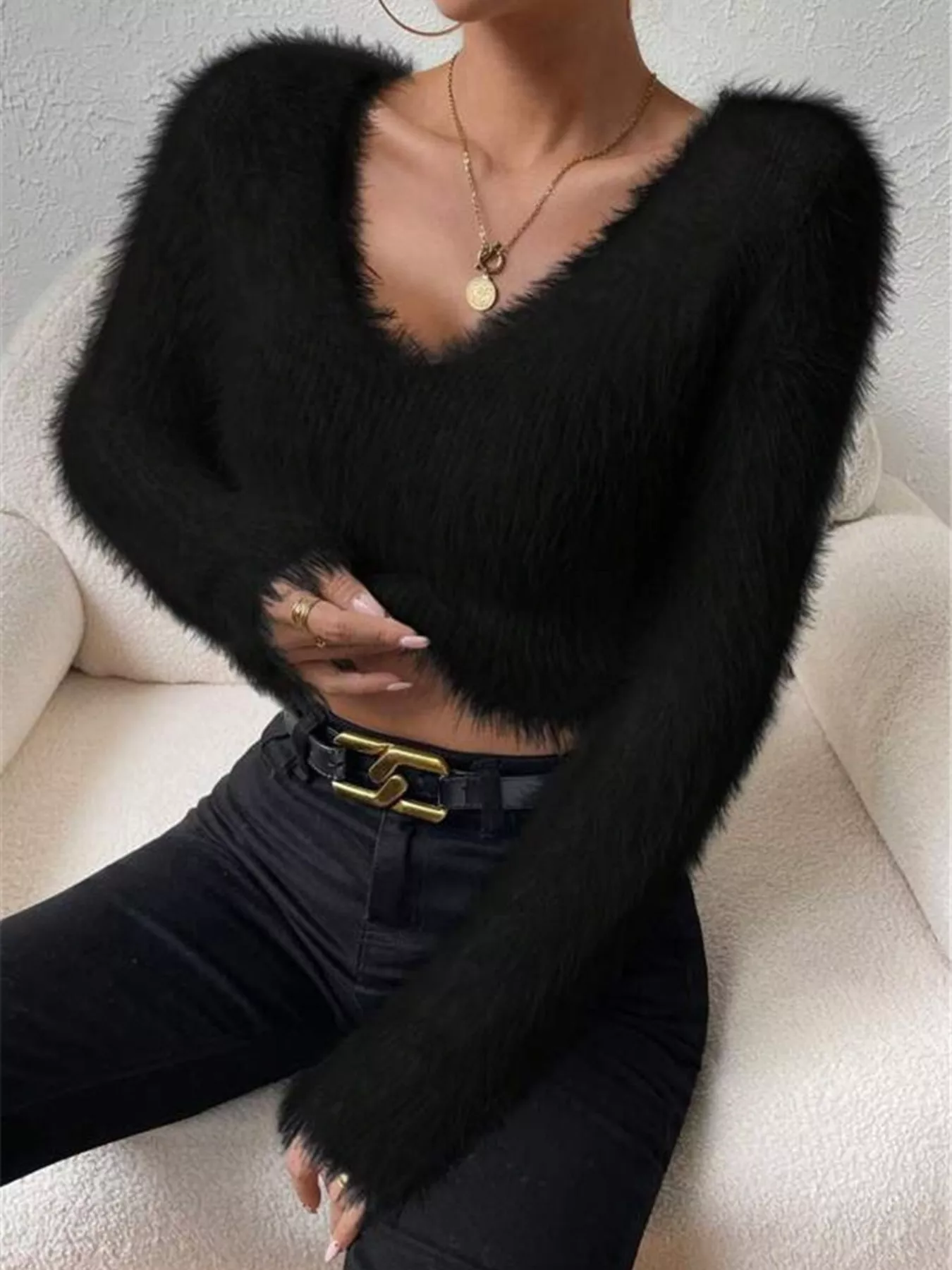 Fluffy Knit V-Neck Sweater - Image 17