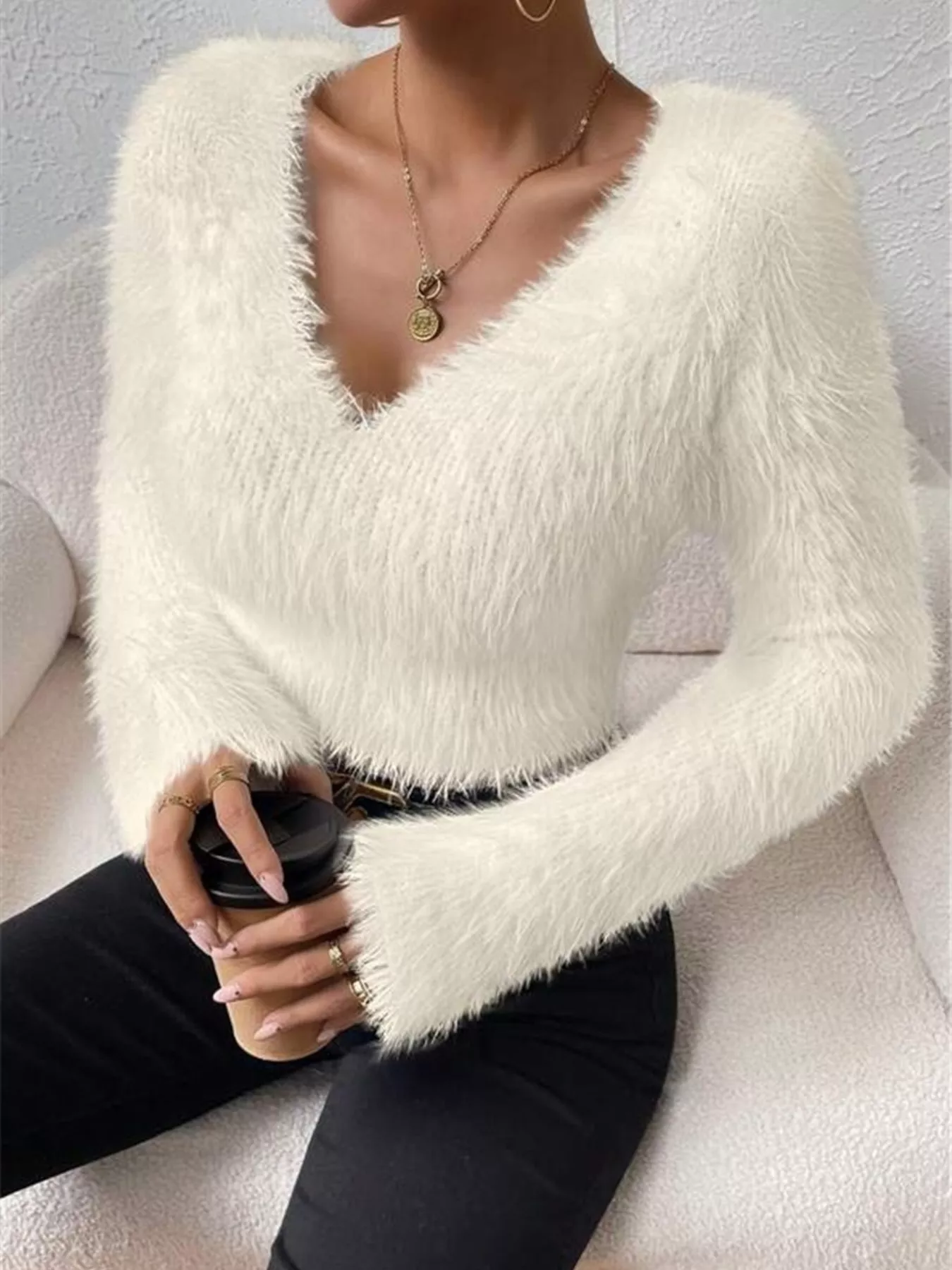 Fluffy Knit V-Neck Sweater - Image 5