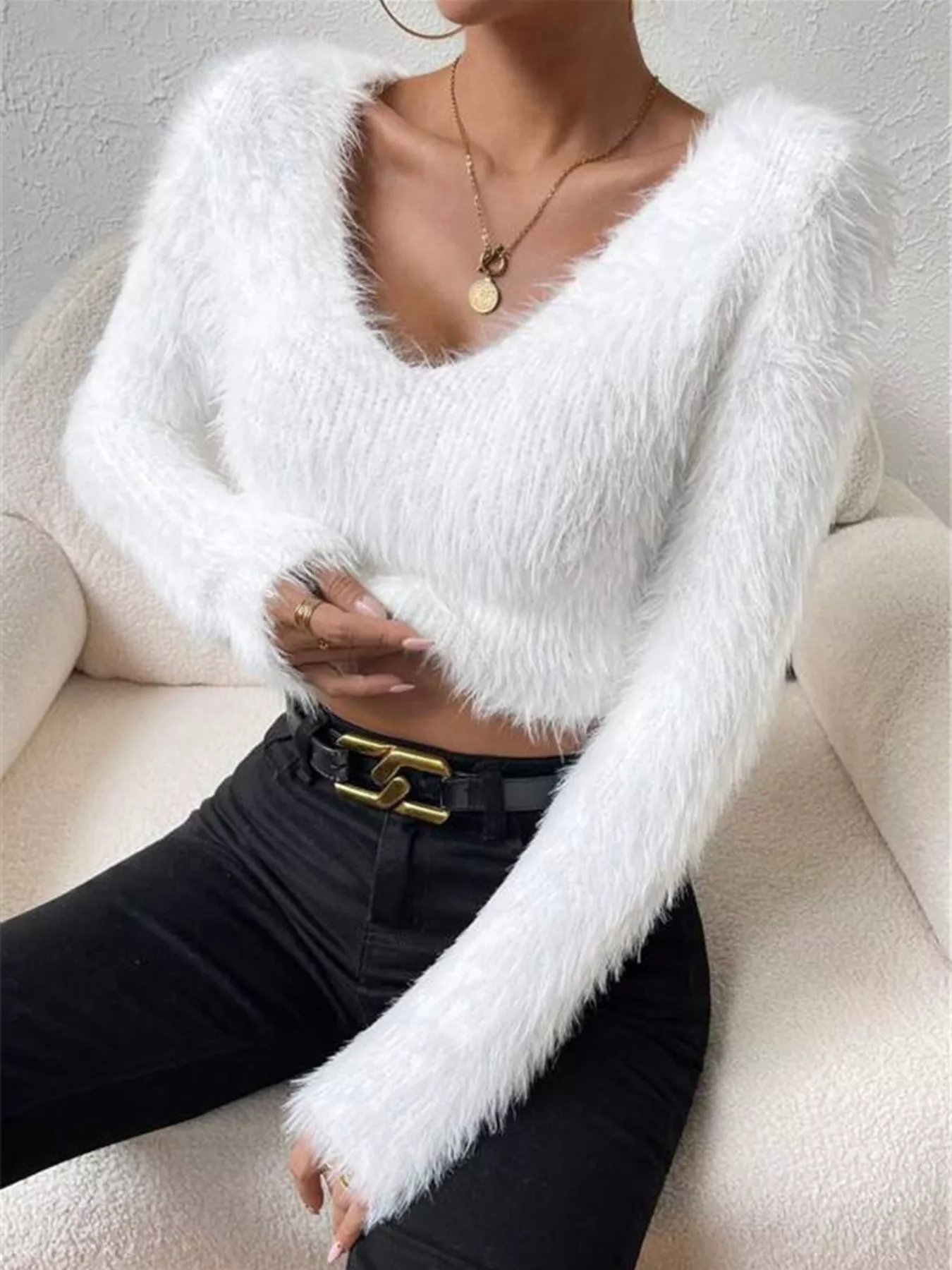 Fluffy Knit V-Neck Sweater - Image 6