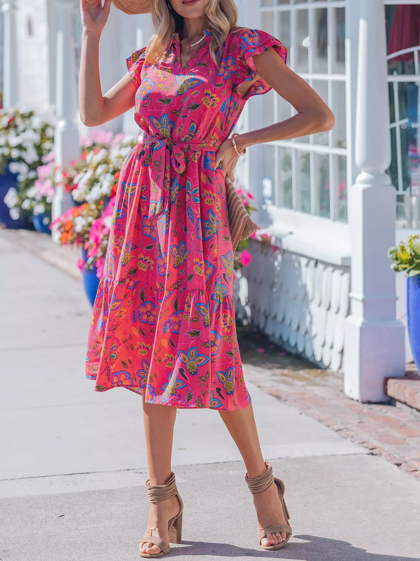 Flutter Sleeve Belted Floral Dress - Image 5