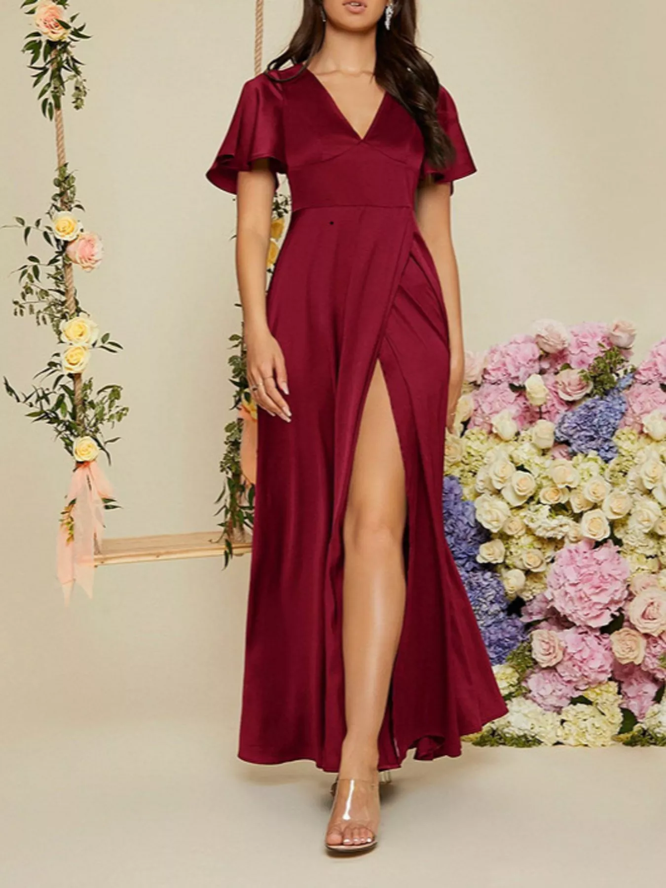 Flutter Sleeve Slit Maxi Dress - Image 4