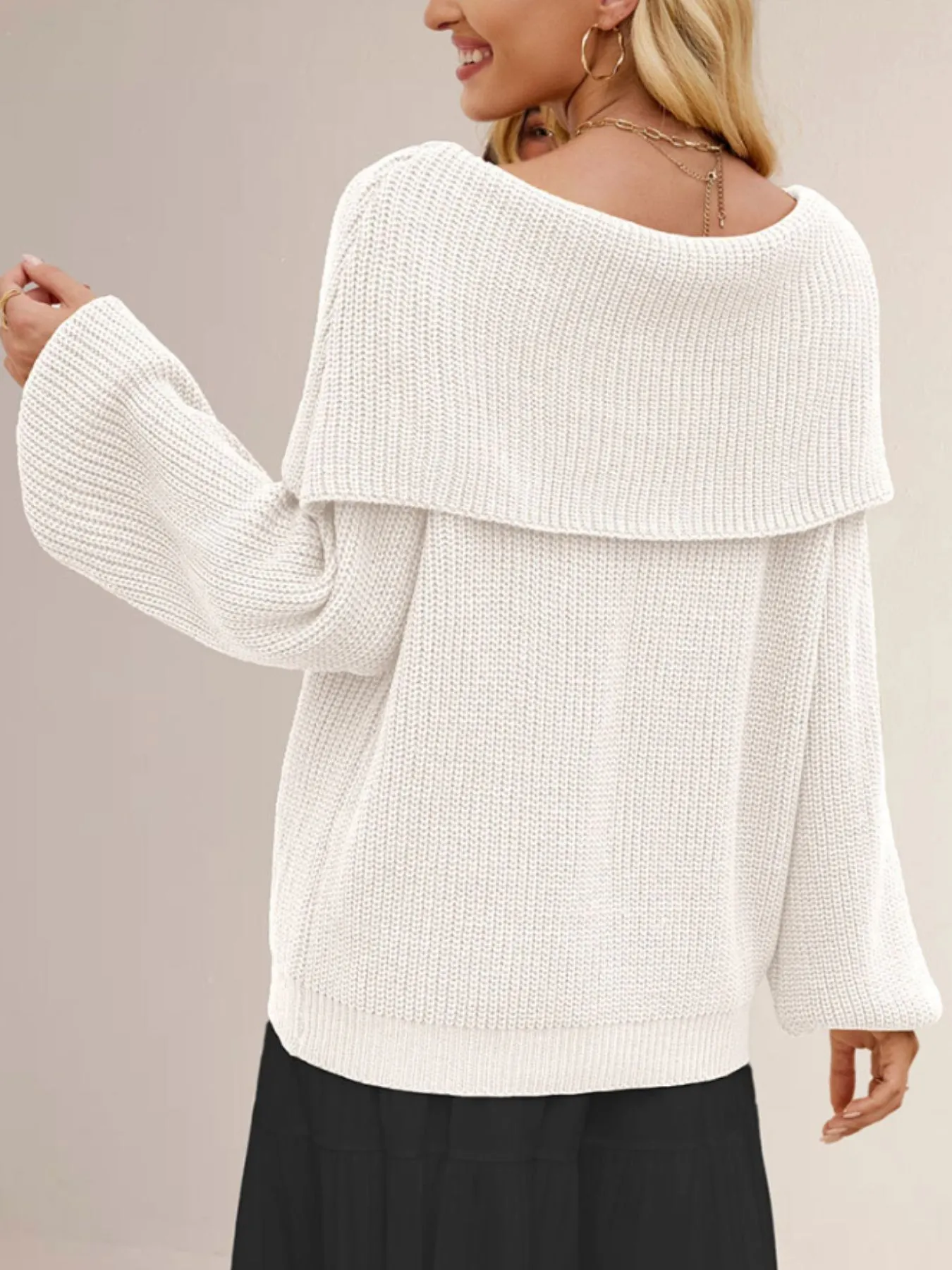 Fold-Over Collar Long Sleeve Sweater - Image 12