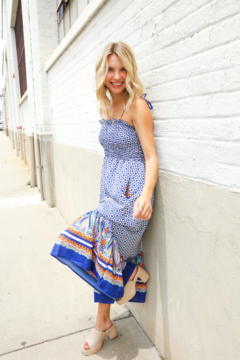 Follow Me Navy Boho Print Smocked Shoulder Tie Border Hem Dress - Image 19