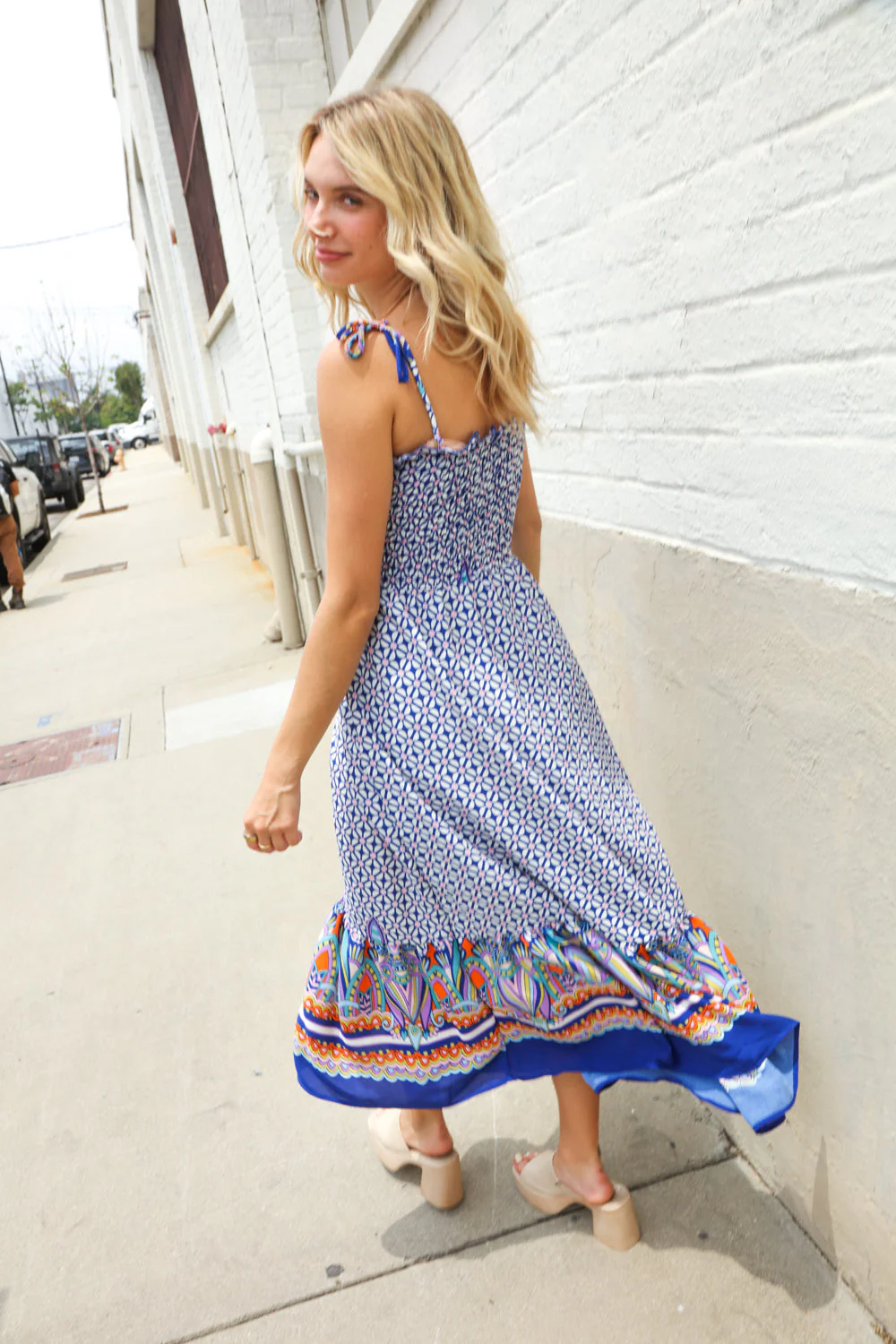 Follow Me Navy Boho Print Smocked Shoulder Tie Border Hem Dress - Image 20