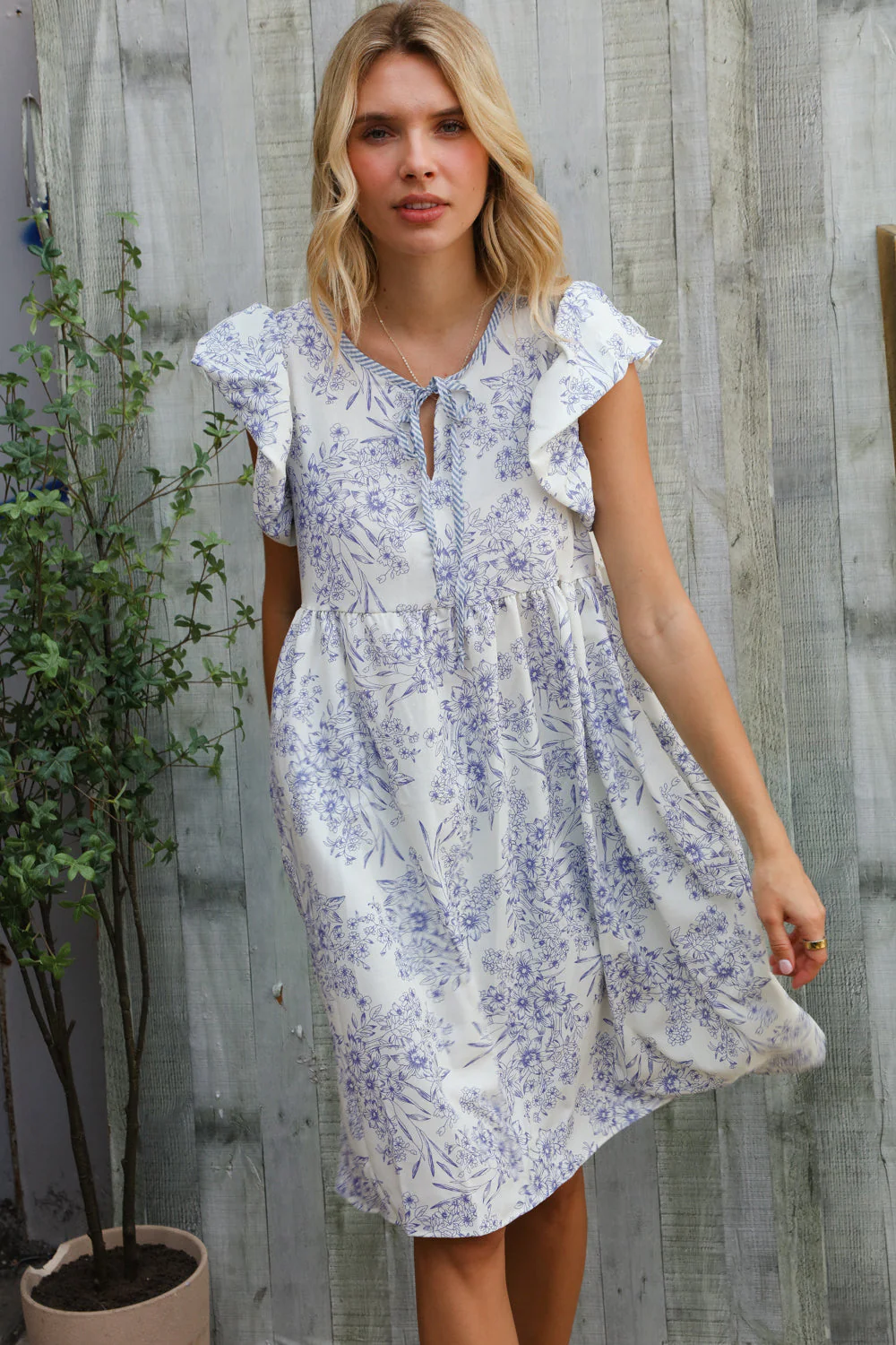 Vintage Vibes Dusty Blue Folded Ruffle Short Sleeve Babydoll Dress - Image 6