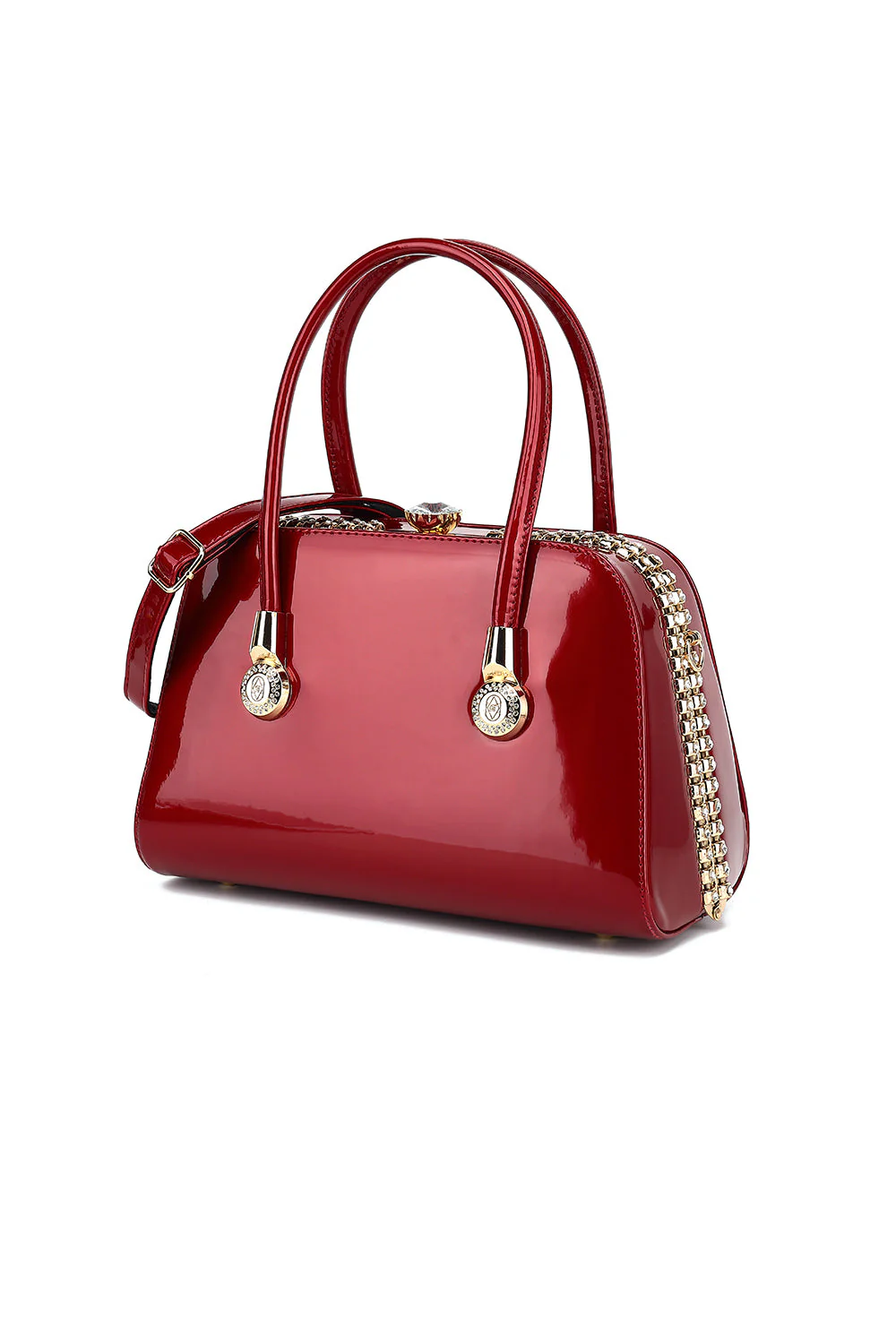Frame Satchel with Rhinestones Patent Leather
