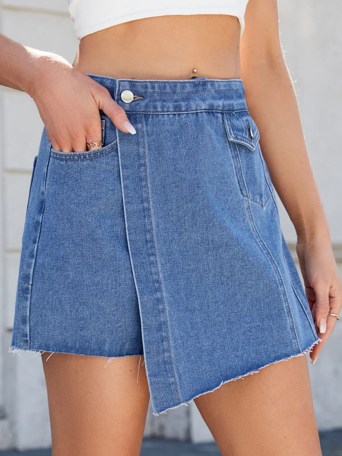 Frayed Hem Asymmetrical Denim Skort - Image 6