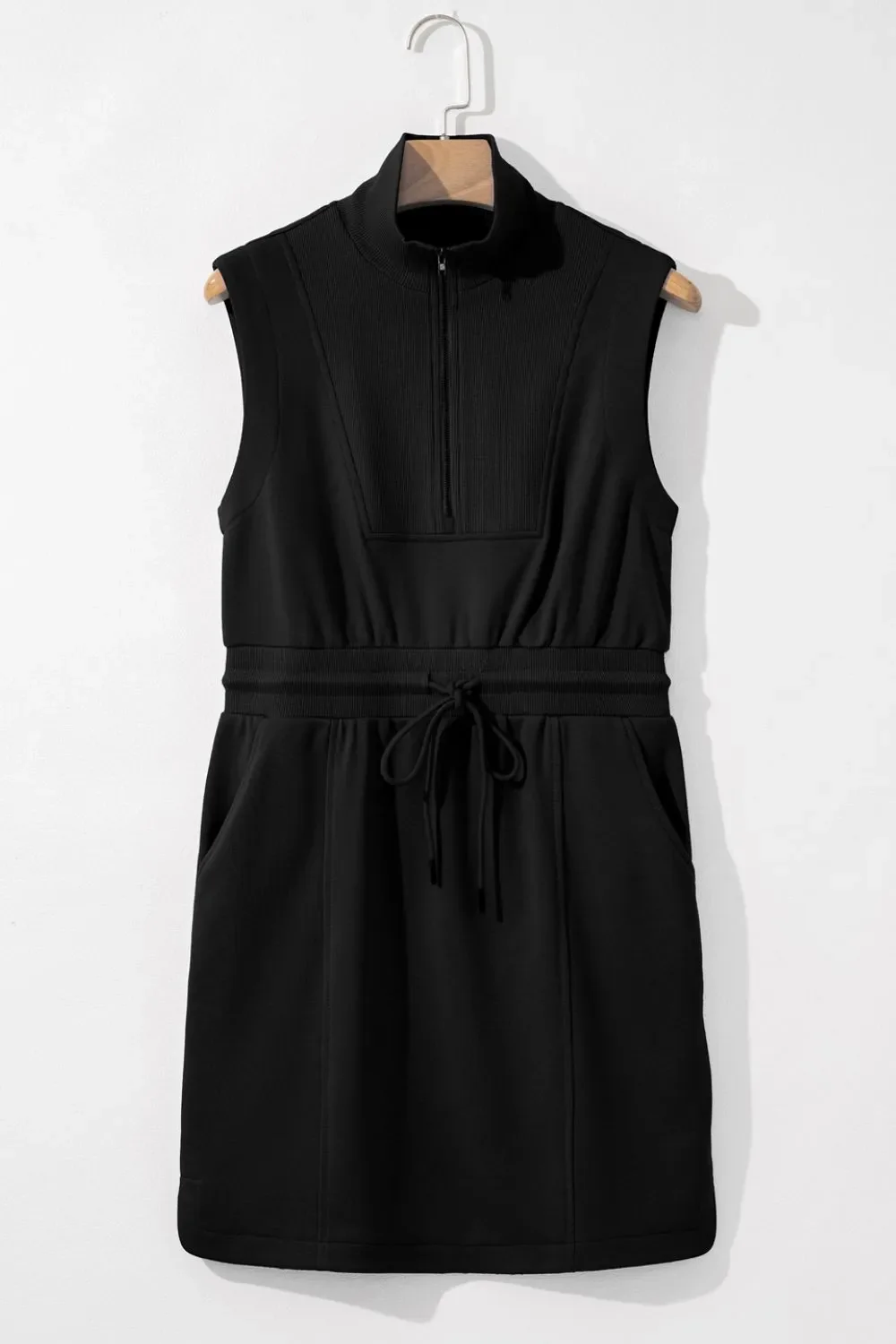 French Terry Zipped Collar Sleeveless Drawstring Waist Mini Dress - Image 6