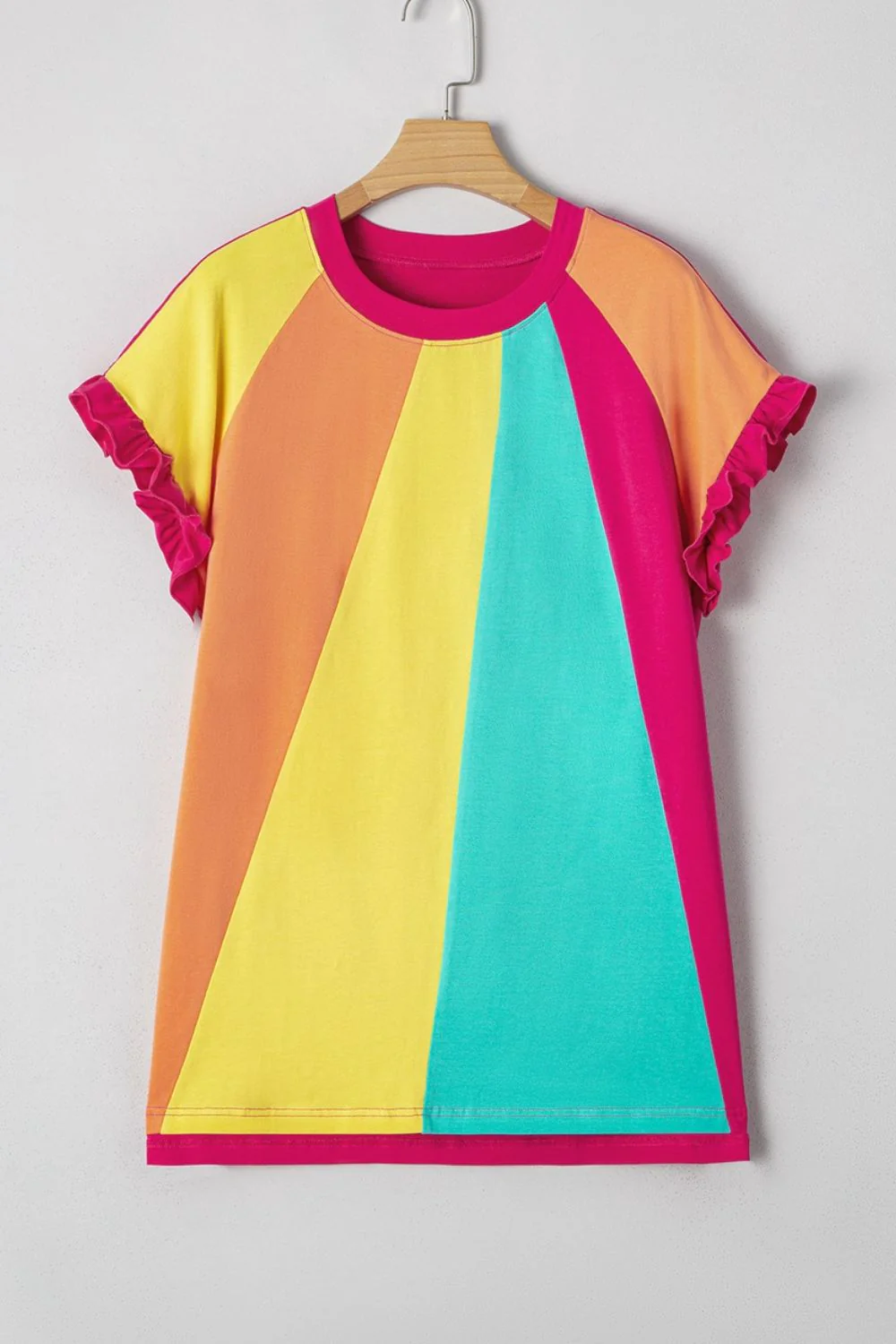 Frill Color Block Crew Neck Loose Fit T Shirt - Image 4