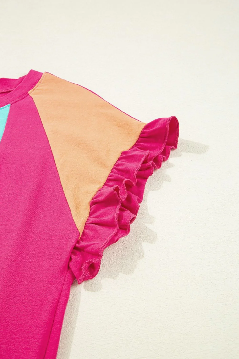 Frill Color Block Crew Neck Loose Fit T Shirt - Image 7