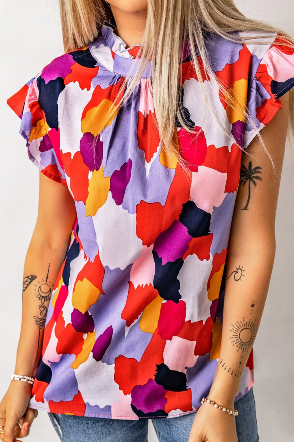 Frill Printed Mock Neck Cap Sleeve Blouse - Image 3