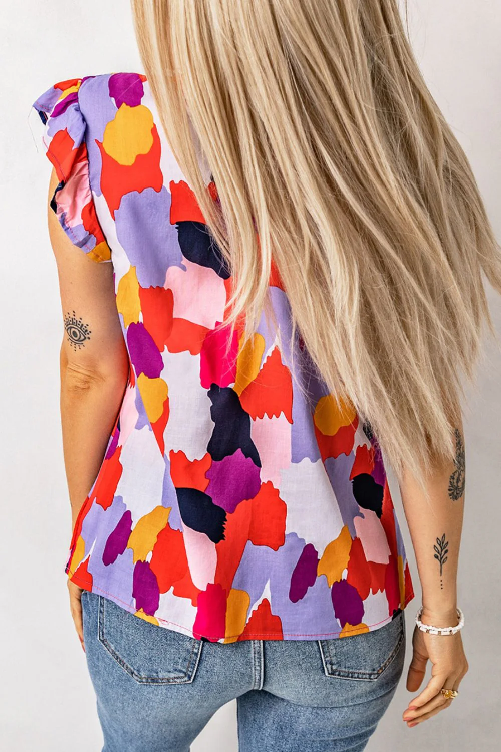 Frill Printed Mock Neck Cap Sleeve Blouse - Image 4