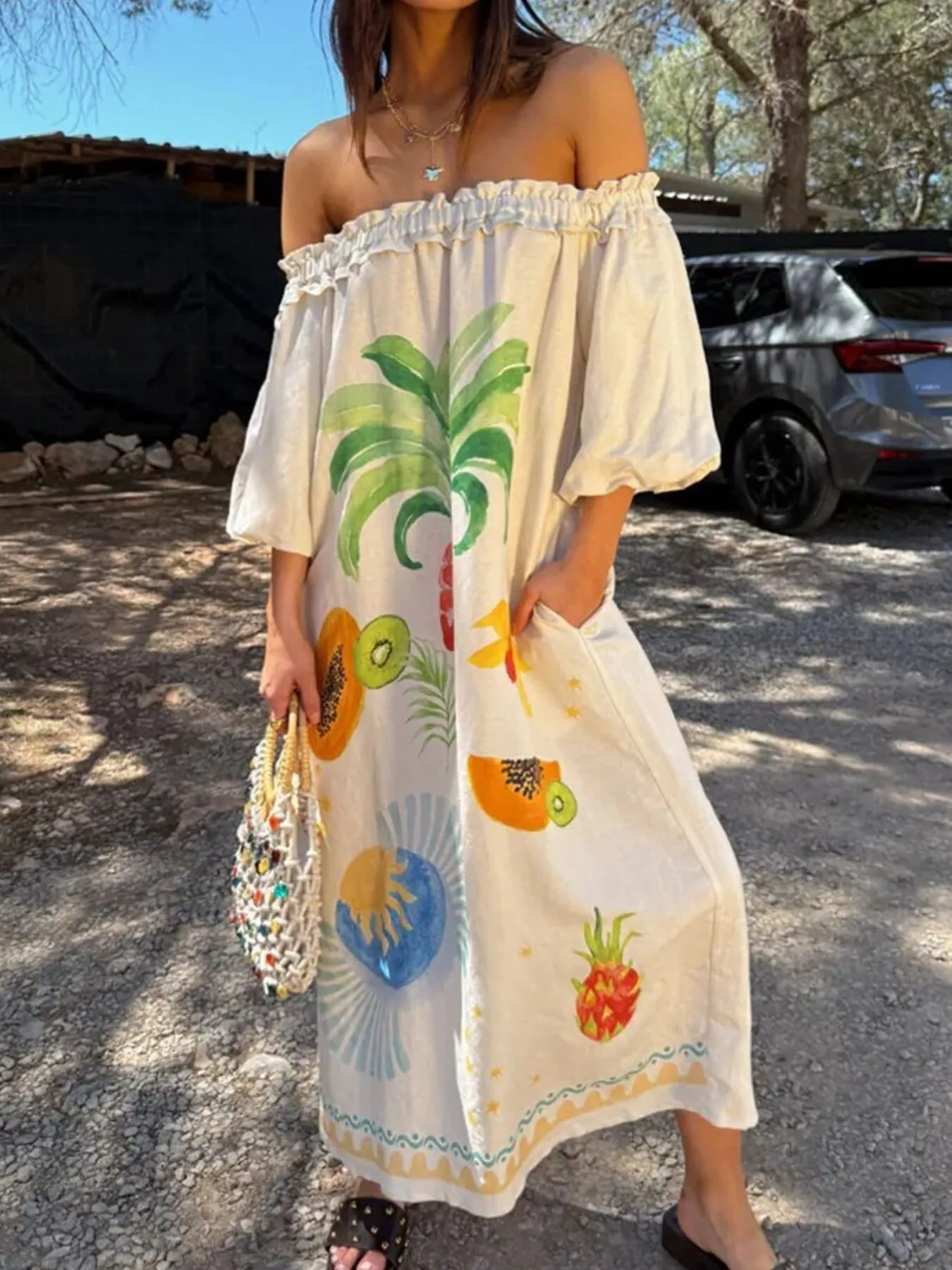 Frill Printed Off-Shoulder Dress - Image 4