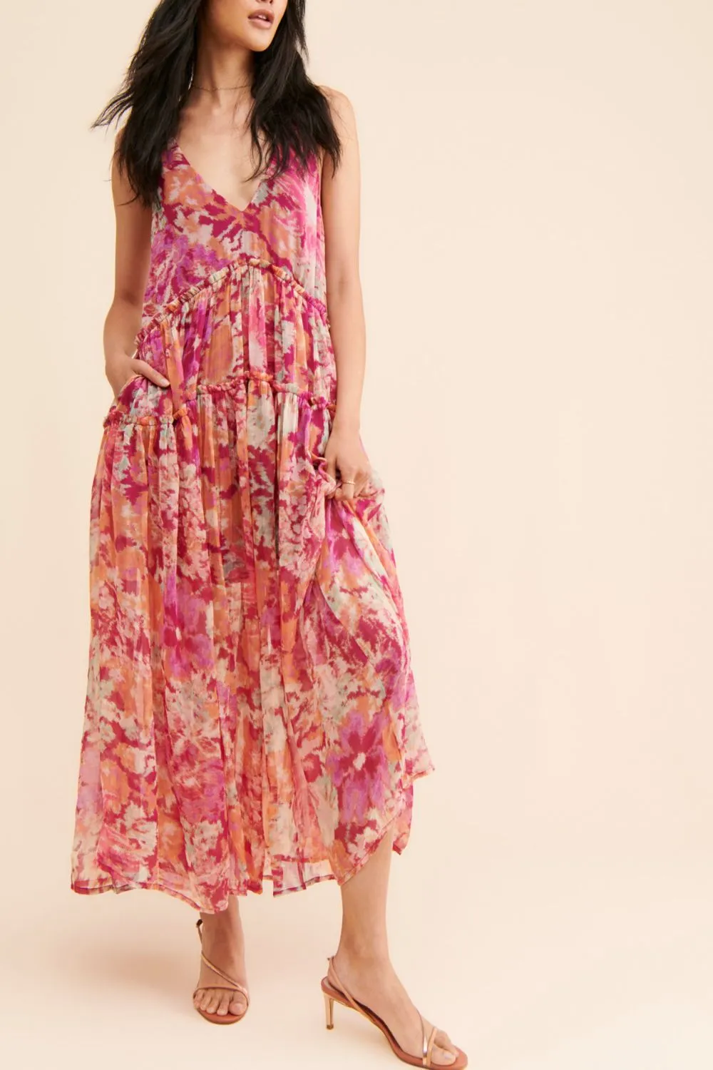 Frill Printed V-Neck Midi Dress - Image 3
