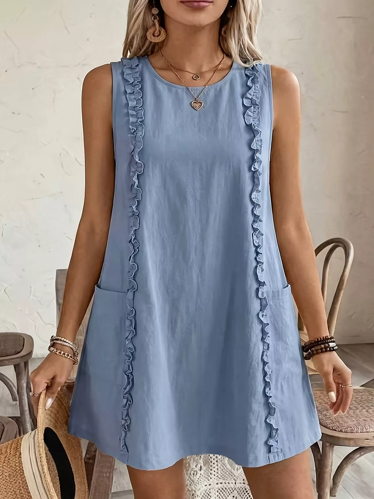 Frill Sleeveless Round Neck Dress - Image 10