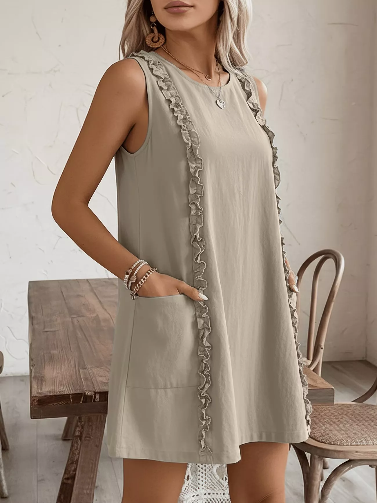 Frill Sleeveless Round Neck Dress - Image 5