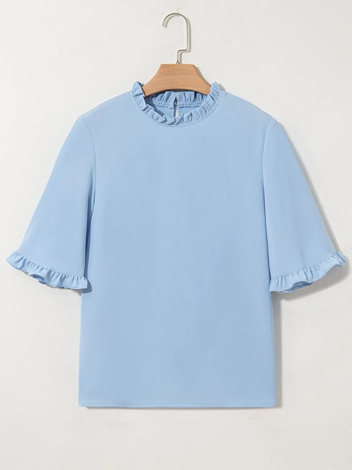 Frill Solid Round Neck Half Sleeve Blouse - Image 6