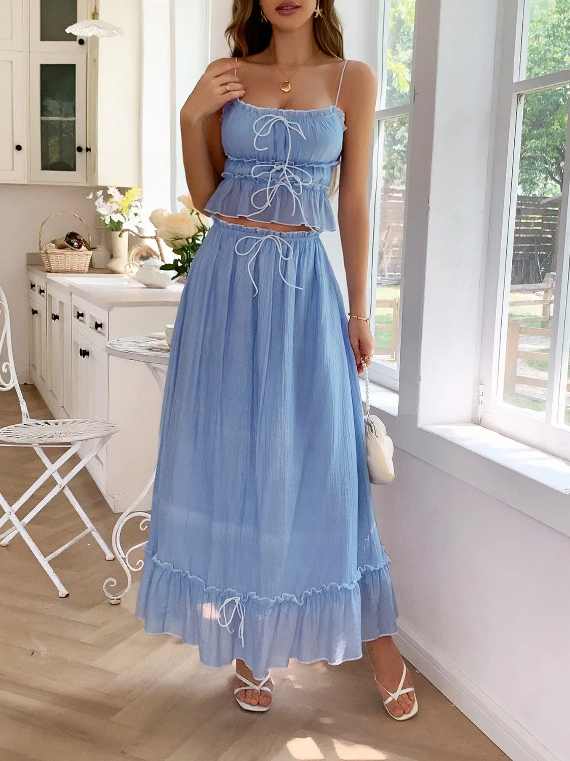 Frill Square Neck Cami and Skirt Set - Image 7